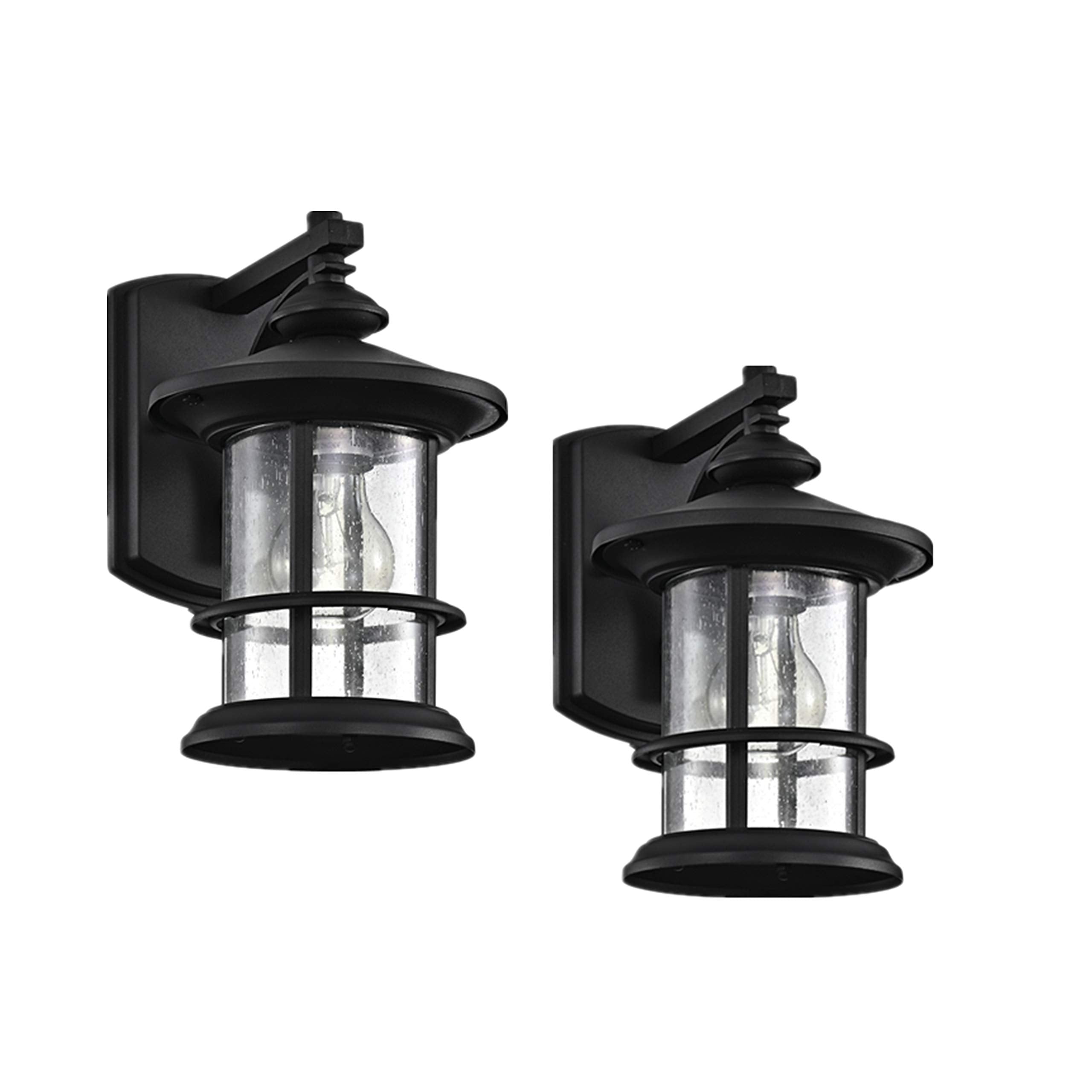 Micsiu Black Outdoor Wall Sconce 2 Pack, Waterproof Metal Fixtures With Clear Seedy Glass, 10 Height For Porch, Patio, Backyard