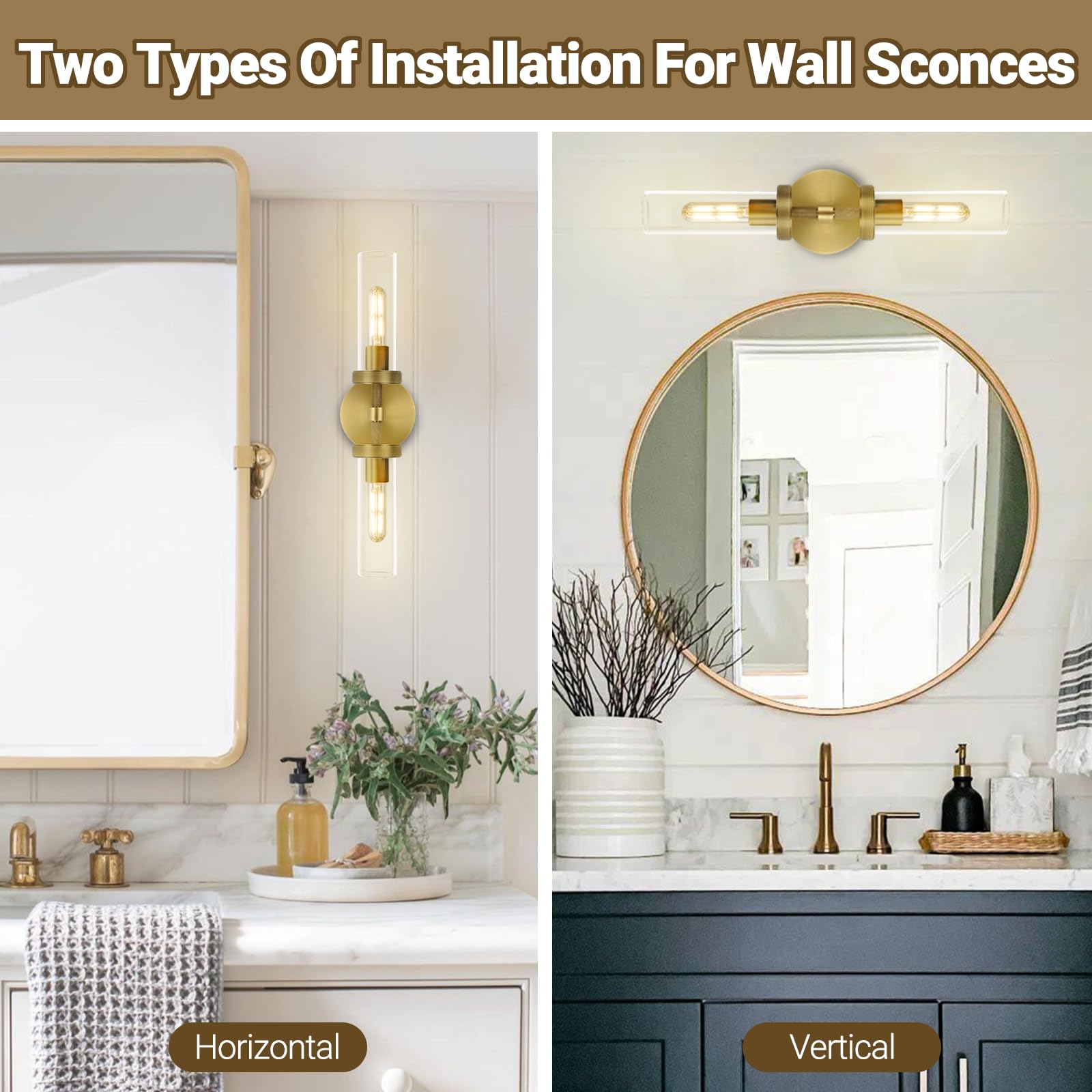 2-Light Brass Knurled Wall Sconces, Glass Sconces Wall Lighting indoor, Gold Bathroom Vanity Light Sconces, Wall Lights for Livi