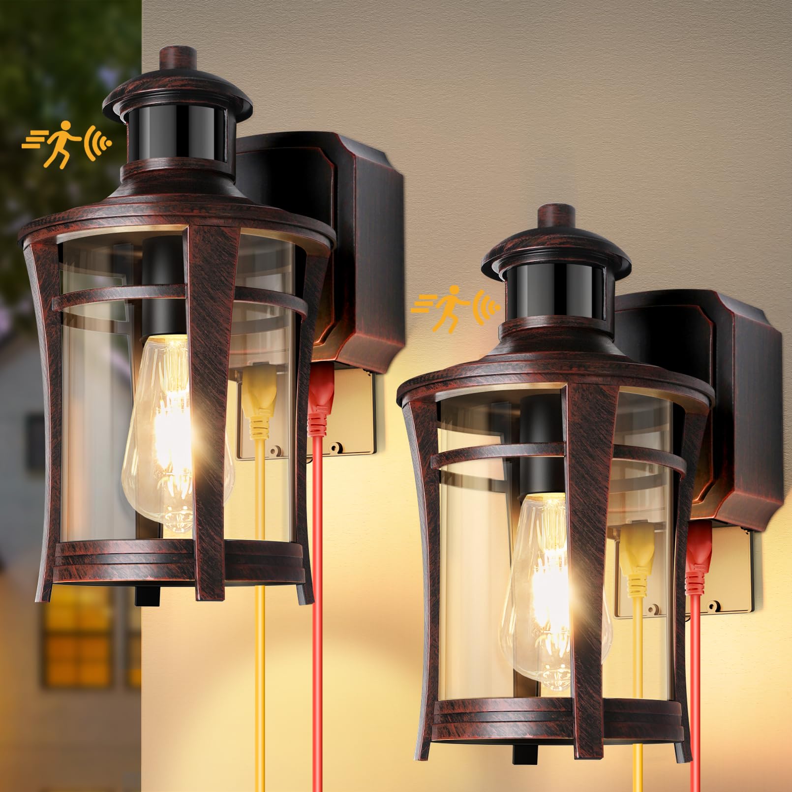 Porch Lights with Outlet, 2 Pack Outdoor Motion Sensor Lights,Dusk to Dawn Exterior Light Fixture, Anti-Rust Waterproof Outdoor 