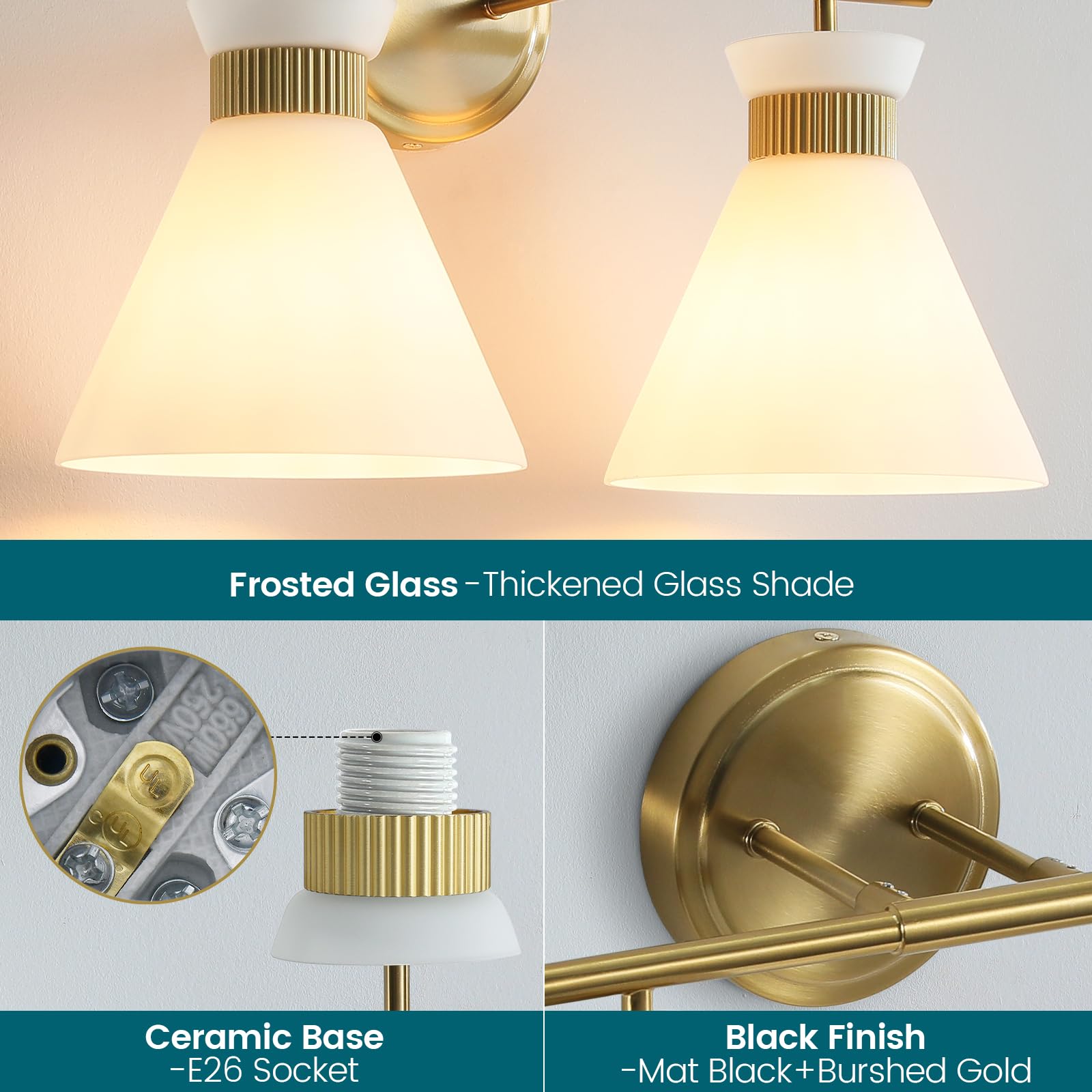WOSHITU 2-Light Bathroom Vanity Light Fixtures, Brass Gold Metal Wall Sconce with Frosted Glass for Modern Home Decor