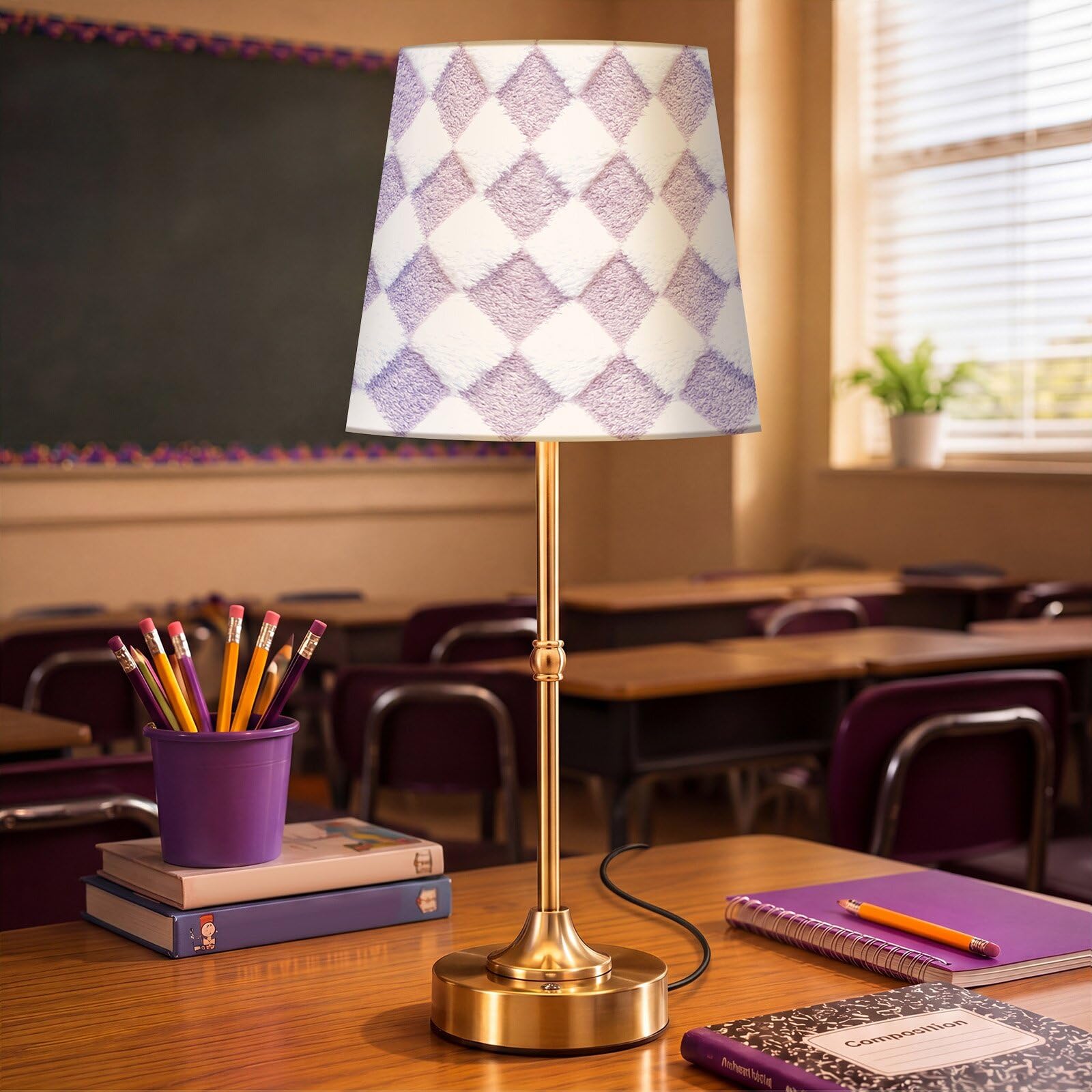 Huquary Purple Checkered Cordless Table Lamp Rechargeable Purple White Checkerboard Bedside Lamp Buffalo Plaid Nightstand Waterc