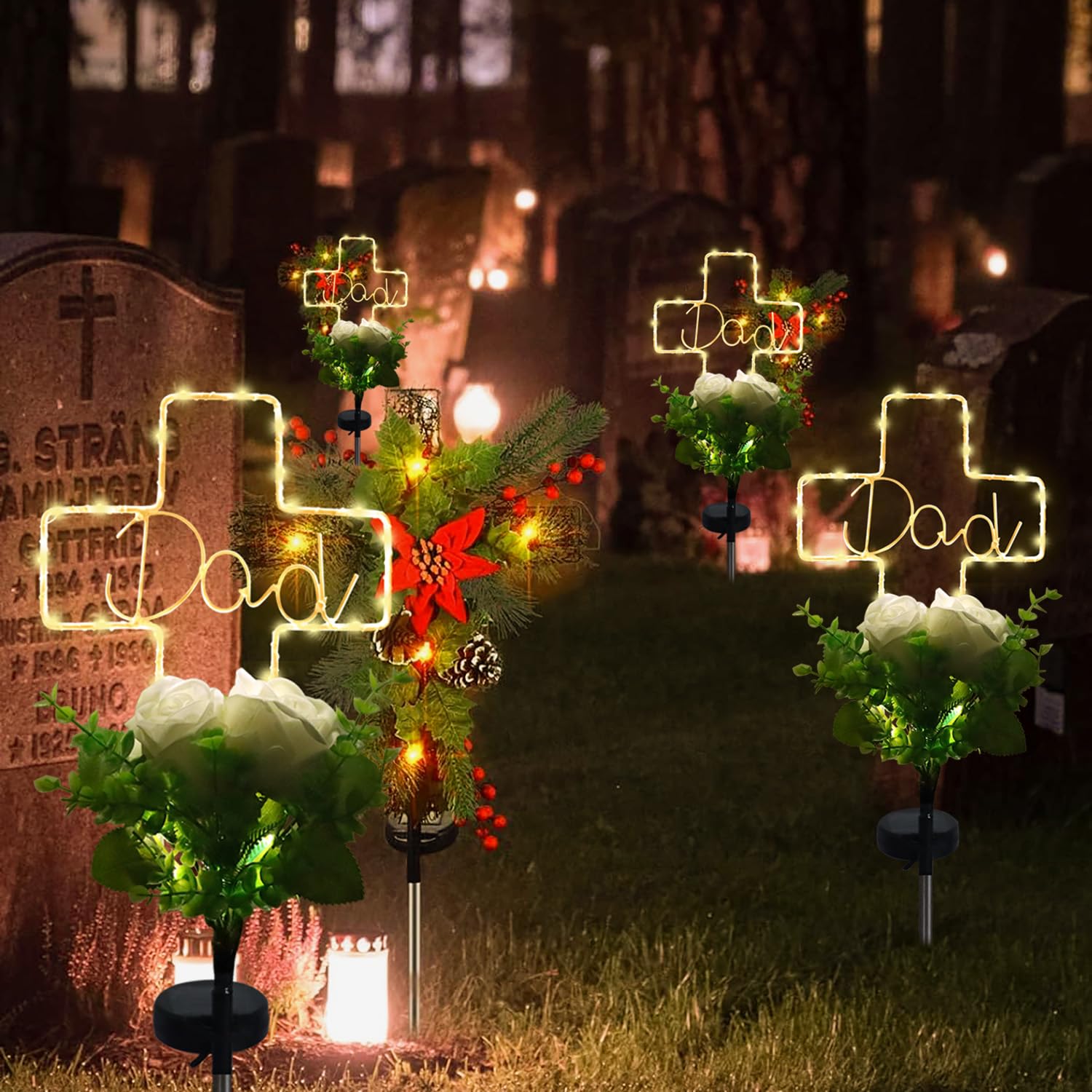 Lmtocs New Version Solar Cross Light For Cemetery Dad, 2 Modes With Rose Flower For Dad Grave Decorations, Waterproof Outdoor Li