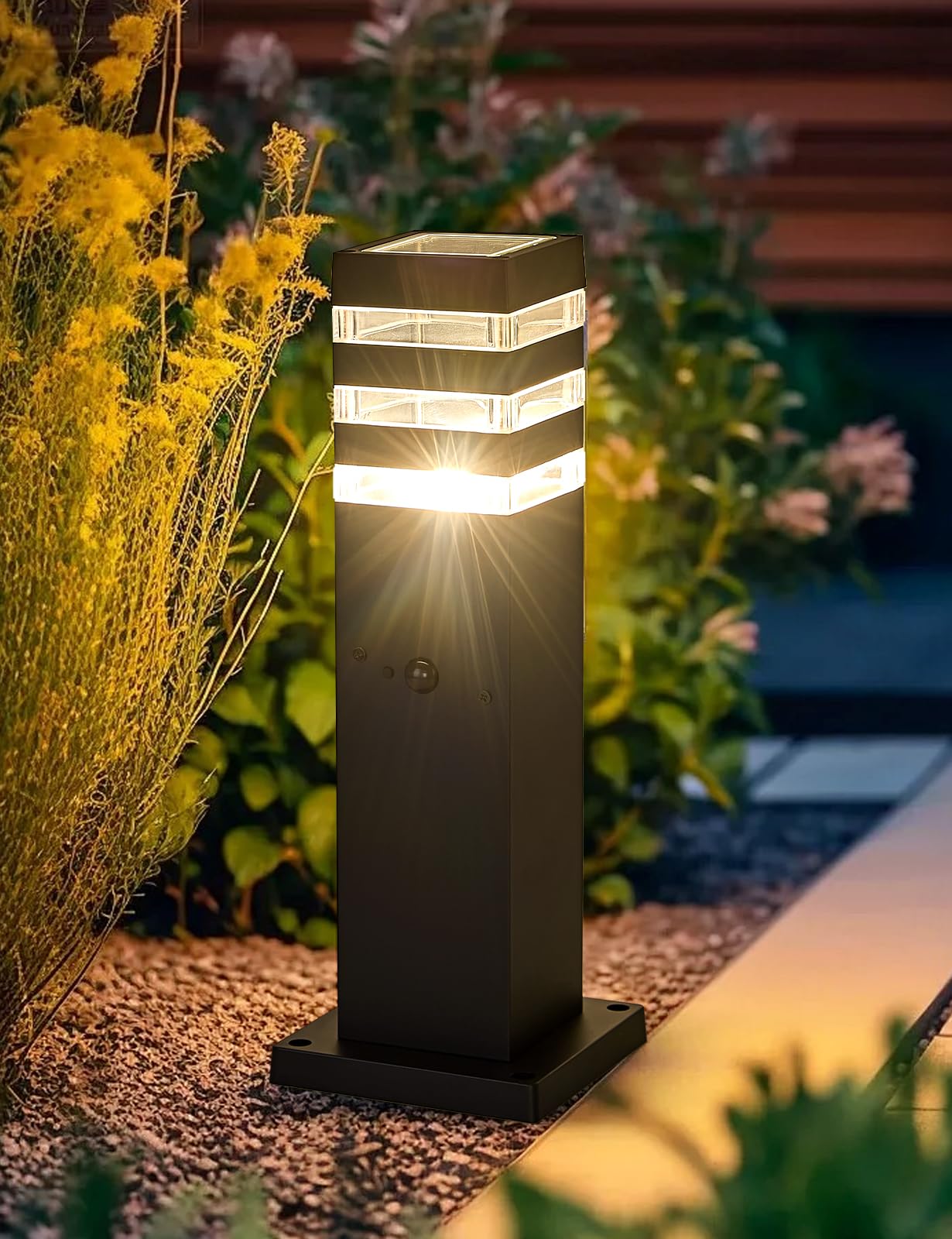 Delicavy Outdoor Post Light - 2 Pack Motion Sensor Black Aluminum Pathway Lamps for Yard, Patio, Garden, Driveway, Dusk to Dawn