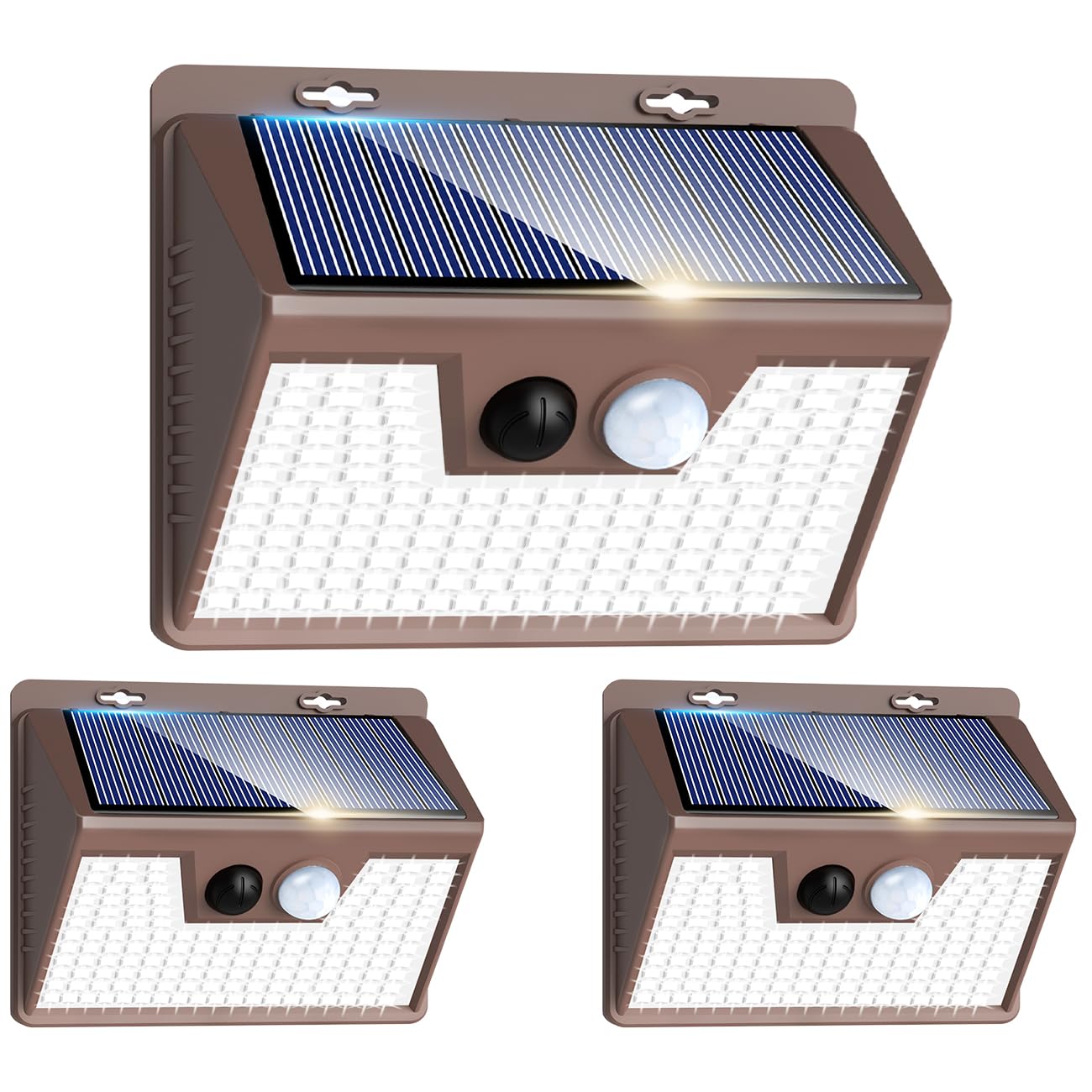Peasur Solar Lights Outdoor Motion Sensor [3 Pack/140LED/Brown]  Ultra-Bright 3 Mode Fence Security Light Waterproof  Solar Wall Lighting for Patio Yard Step House Outside