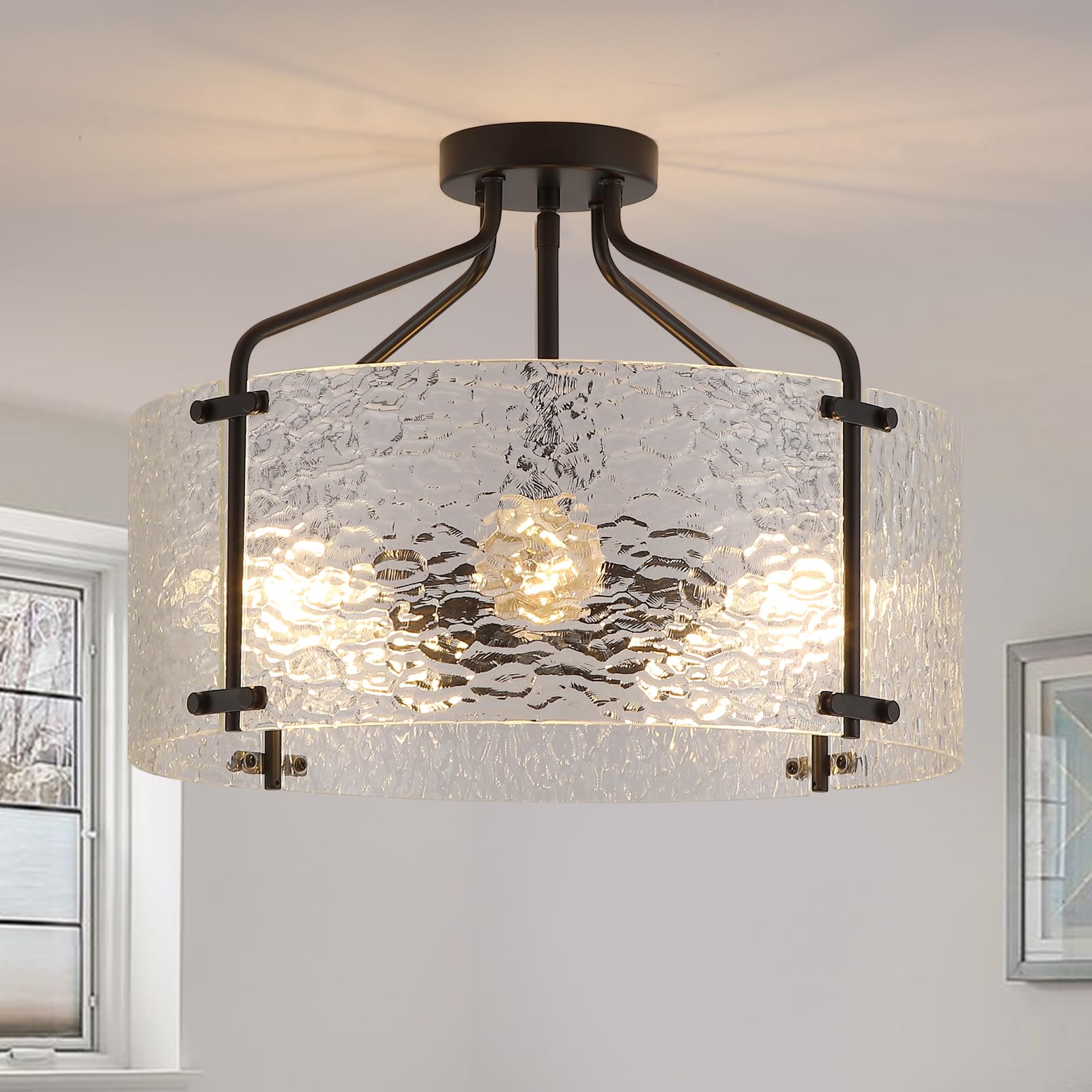 Semi Flush Mount Ceiling Light Fixture Glass Drum Kitchen Lighting Fixtures Ceiling 18Black Modern Light Fixture Chandelier 5-Light Foyer Lighting Fixtures for Living Room Hallway Foyer Porch