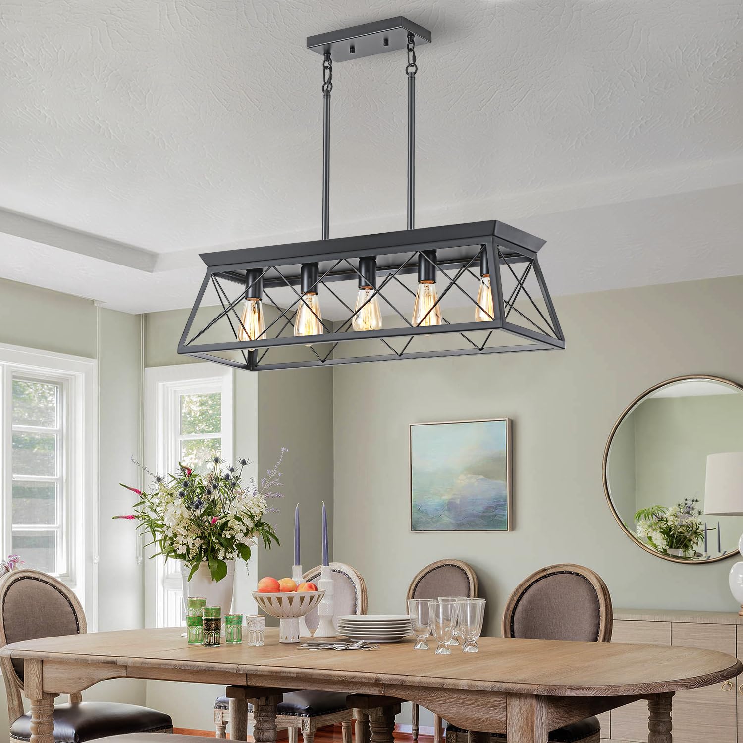Huixute 5-Light Farmhouse Pendant Light For Dining Room, Rustic Kitchen Island Lighting, Adjustable Height Chandeliers For Kitch