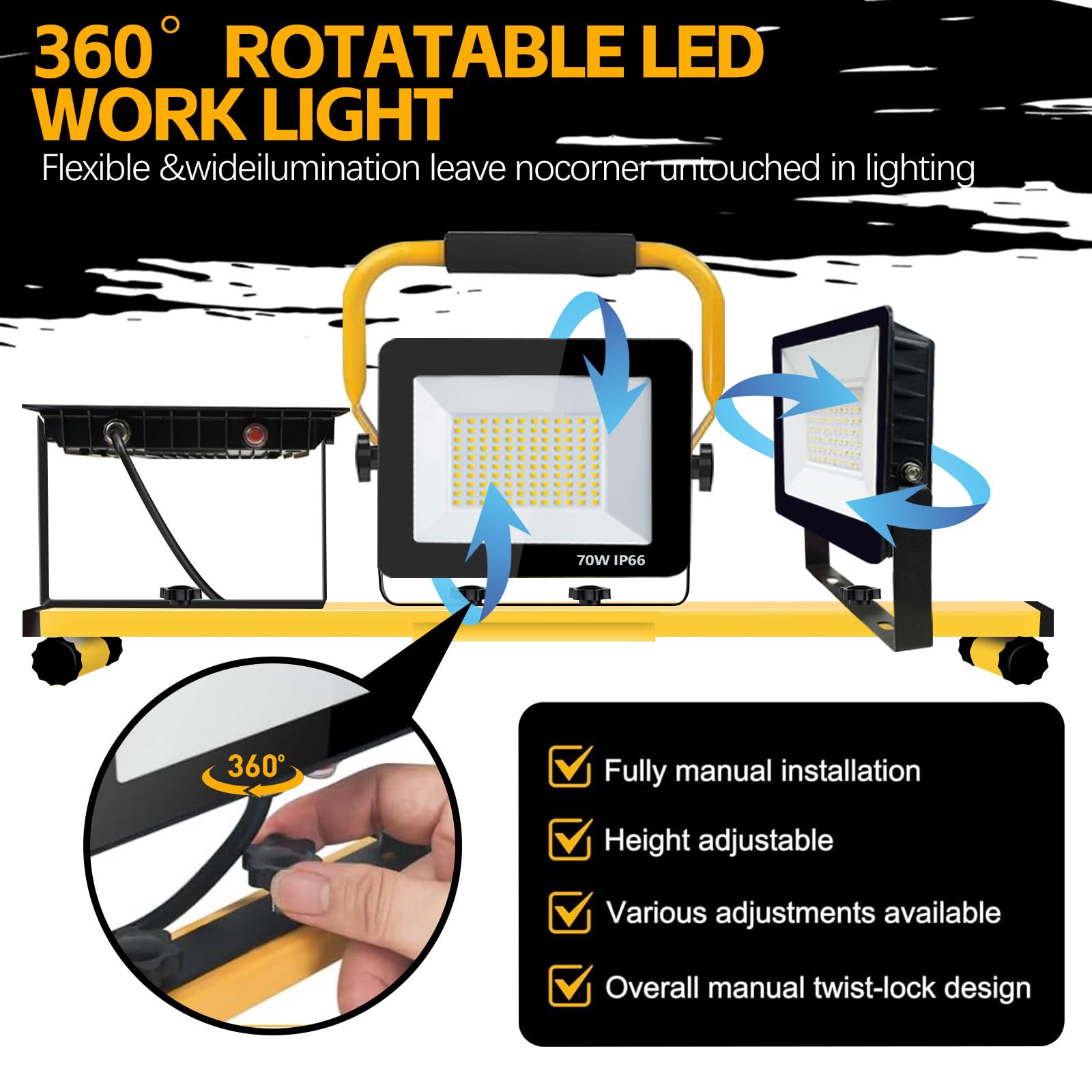 21000 Lumen Work Lights With Stand, 3 Adjustable Heads Led Work Lights, With Adjustable And Foldable Tripod Stand, Waterproof La