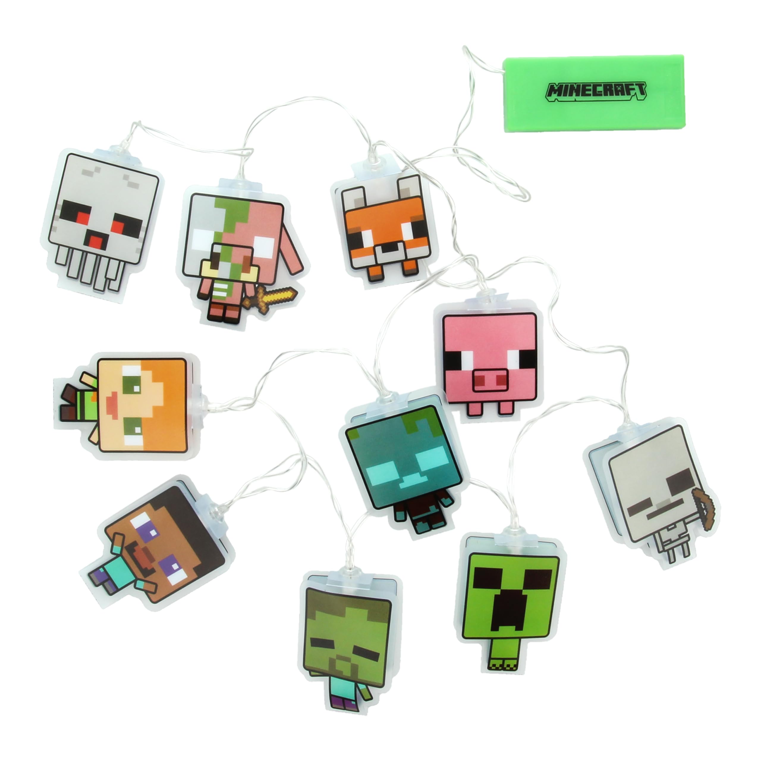 Minecraft String Lights with 10 LED Characters Including Creeper, Steve, Piglin and More, Officially Licensed Battery Powered Be