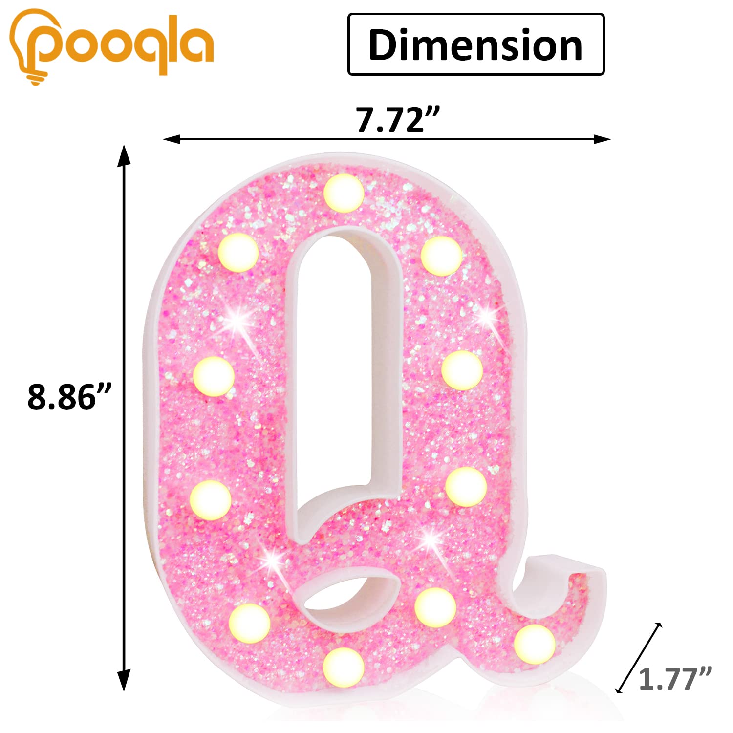 Pooqla LED Marquee Letter Lights, Battery Powered Pink Glitter Q Sign for Birthday Party, Wedding, Home Bar, Christmas Decoration