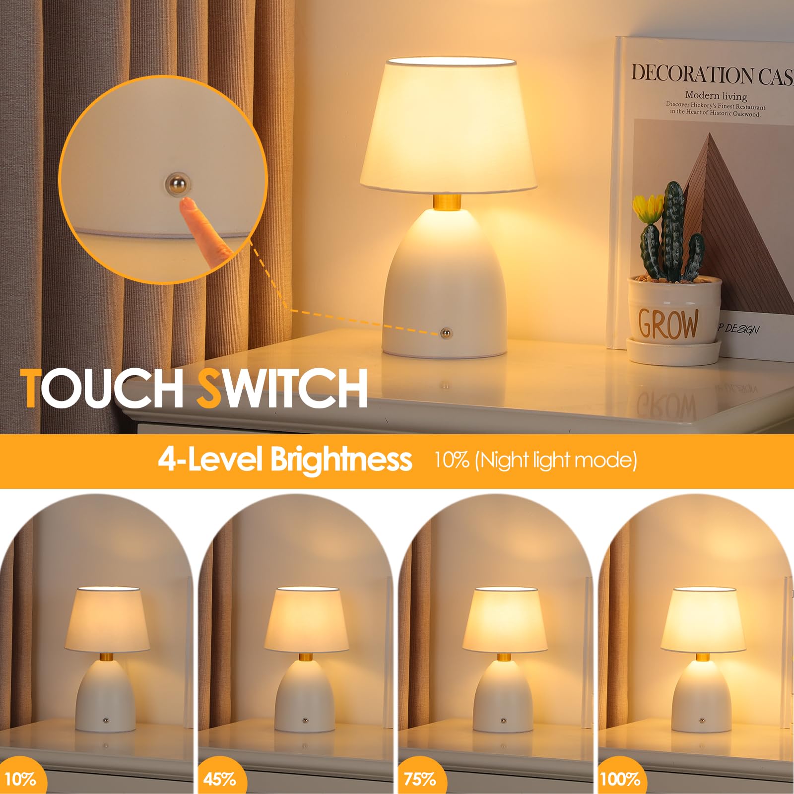 Ggoying Cordless Table Lamp Set Of 2, 5400Mah Rechargeable Battery Powered Desk Lamp, 4-Level Brightness Dimmable Bedside Night