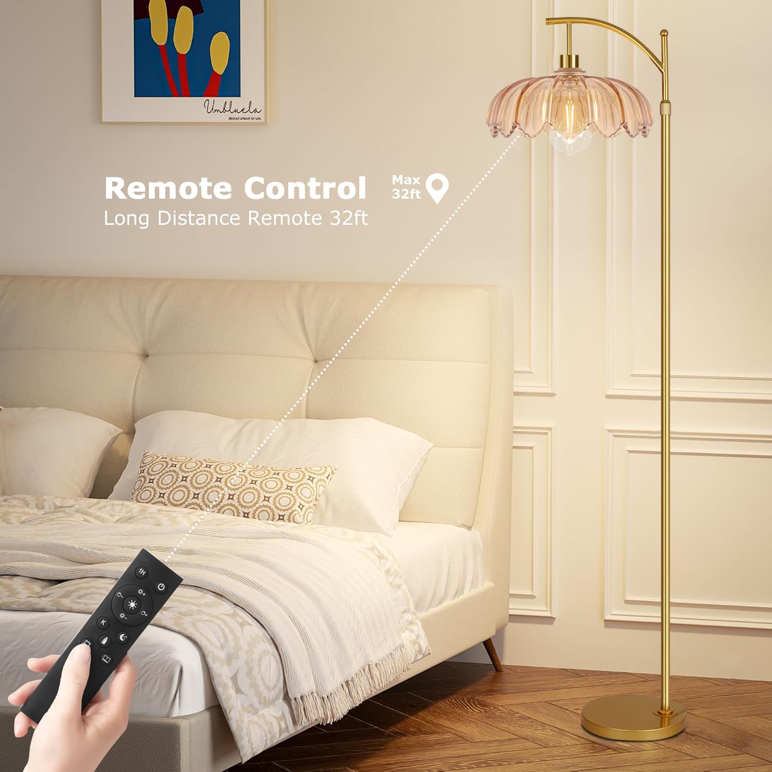 Qiyizm Boho Floor Lamp For Living Room Bedroom With Remote Rattan Standing Lamp Dimmable Arc Black Farmhouse Wicker Bamboo Lamp