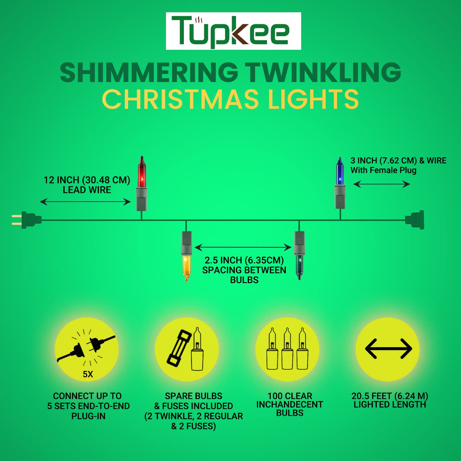 Tupkee Christmas Twinkle Lights - 20.5ft Indoor/Outdoor, 100 Multi-Color Bulbs, Model HWO, Plastic Decor