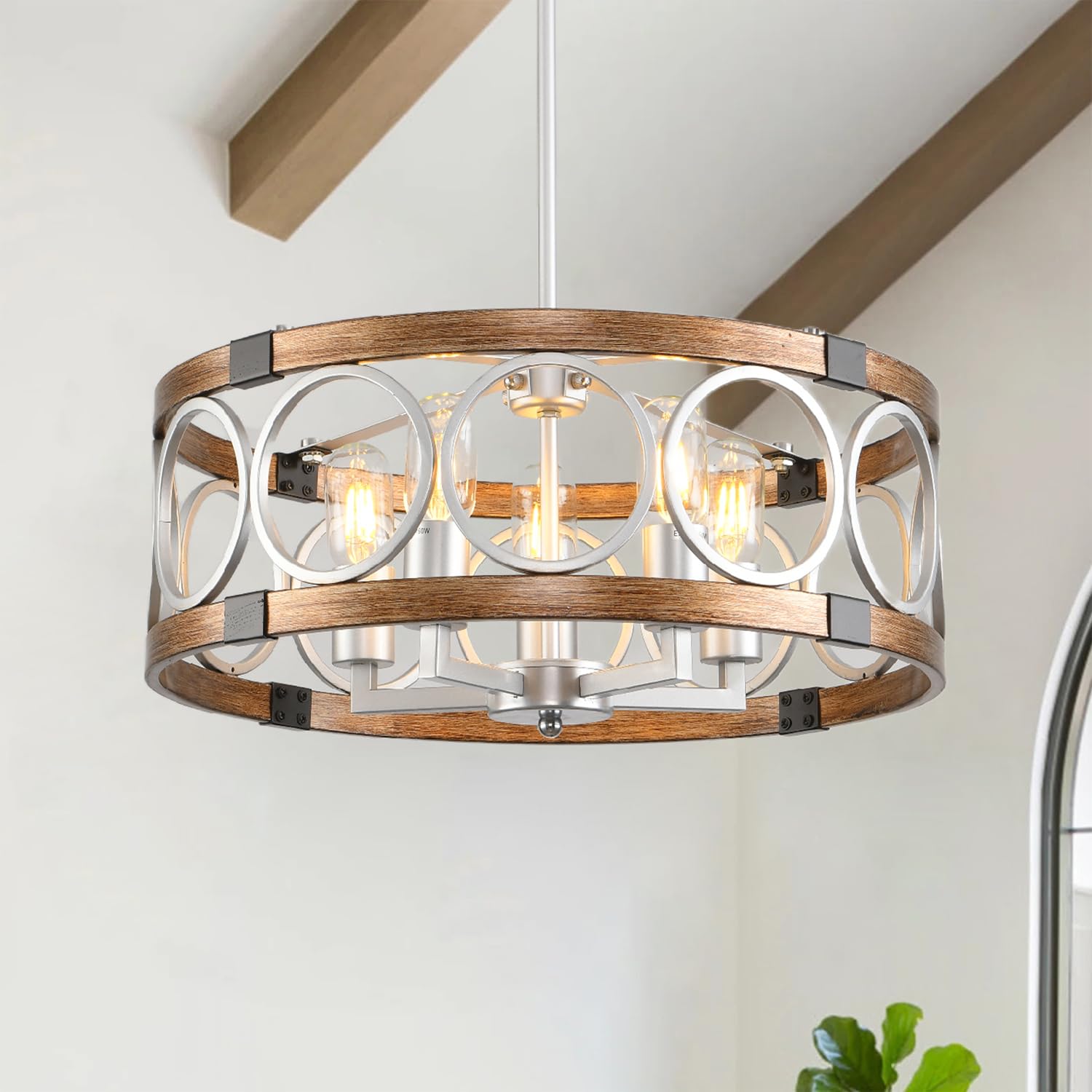 SHIANDAR Flush Mount Ceiling Light, 5-Light Silver Drum Chandelier, Modern Farmhouse Pendant for Kitchen, Model TYdk-mw All240206