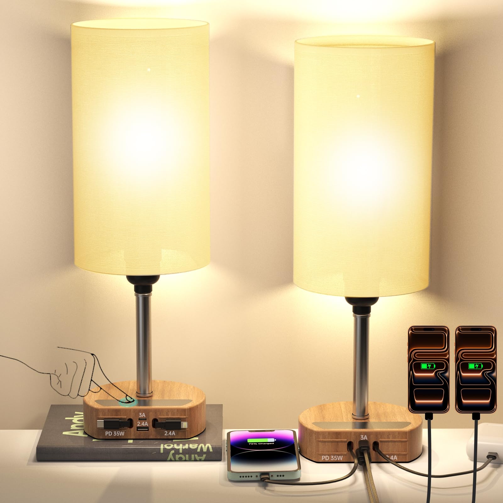 FlexTurtle Bedside Lamp with Charging Station 74W?2 * 3.94ft Retractable Cords & 2 USB Ports?, 3 Way Dimmable Touch Lamps for Ni