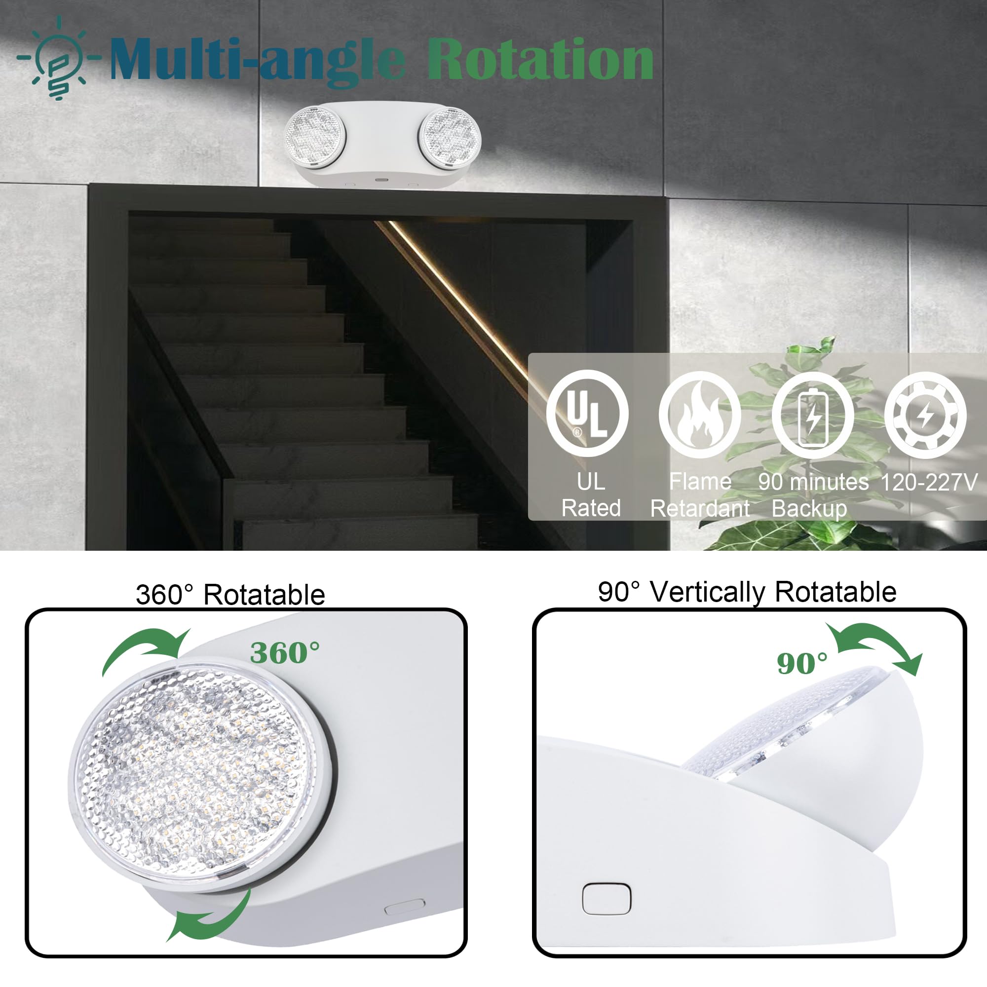 GRUENLICH LED Emergency Light, Battery Backup, 2 Adjustable Heads, Hardwired, 2-Pack, White, Model GR-EL012-2PK