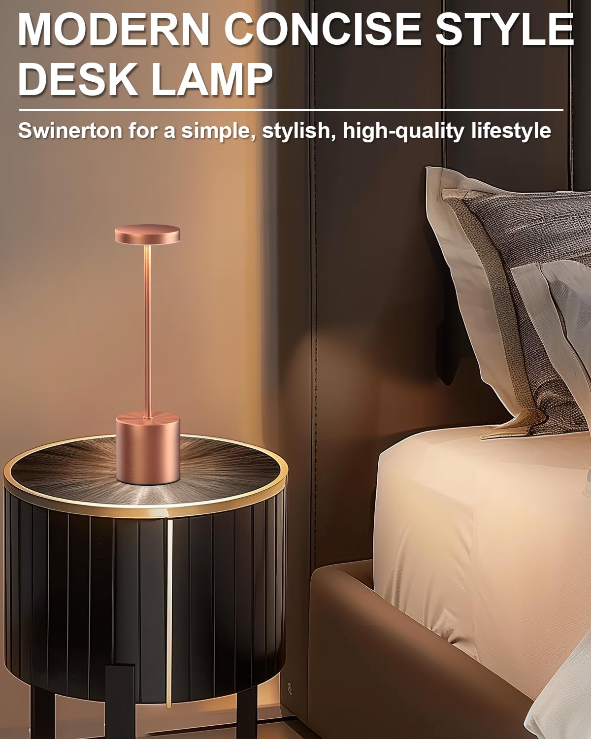 Swinerton Cordless Table Lamp, Rechargeable LED Light, 5000mAh Battery, 3 Color Dimmable, Model 9067S, Rose Gold