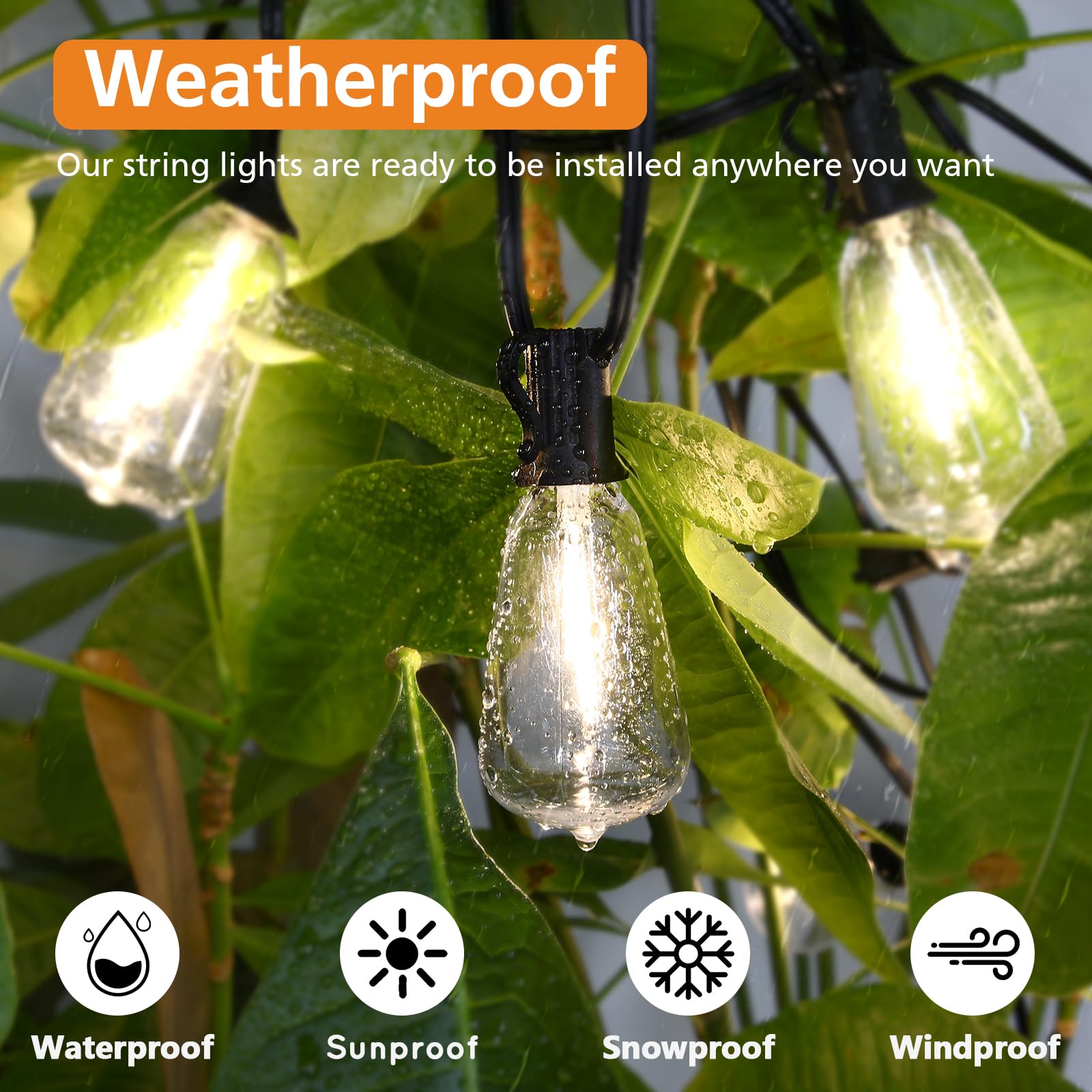 Brightever Outdoor String Lights, 200FT, 2700K/4000K/5000K, Black Wire, 100+4 ST38 Edison Bulbs, Waterproof, Model