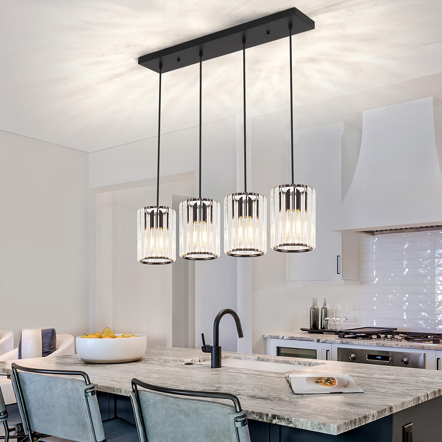 Crystal Kitchen Island Lights  4-Light Modern Chandeliers For Dining Room  Kitchen Pendant Lighting Over Island  Adjustable Height Ceiling Hanging Lights For Kitchen Bedroom Entryway Bathroom