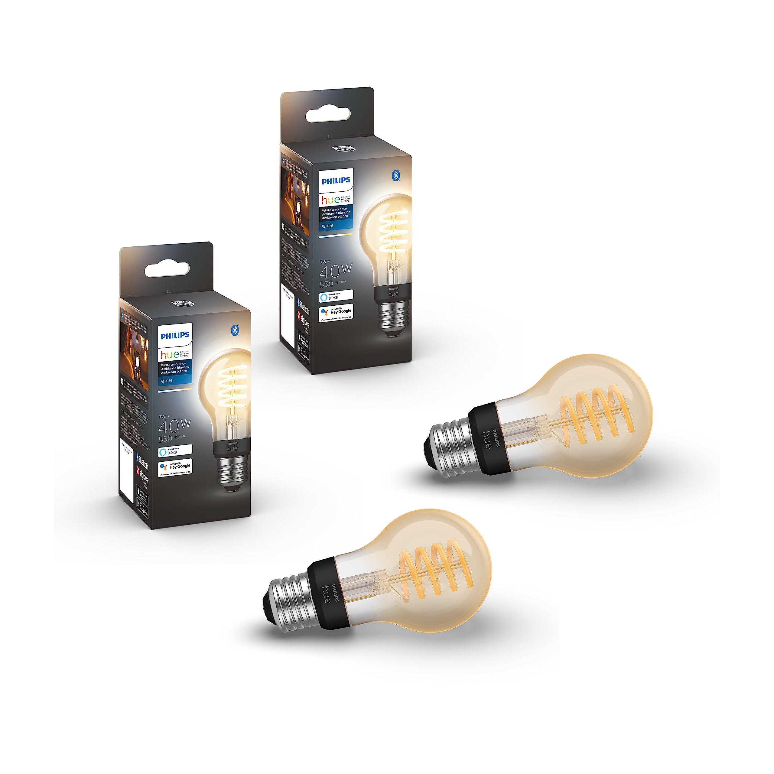 Philips Hue Smart 40W A19 Filament Led Bulb - White Ambiance Warm-To-Cool White Light - 2 Pack - 550Lm - E26 - Indoor - Control 