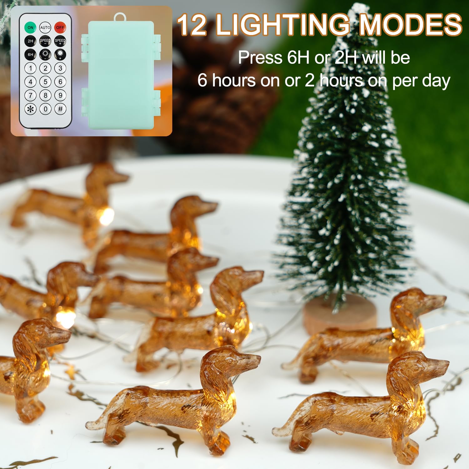 BOHON Dachshund Christmas Lights, 10ft, 30 LEDs, Battery Operated, Amber, Model BH-SL-21, Indoor Party Decorations