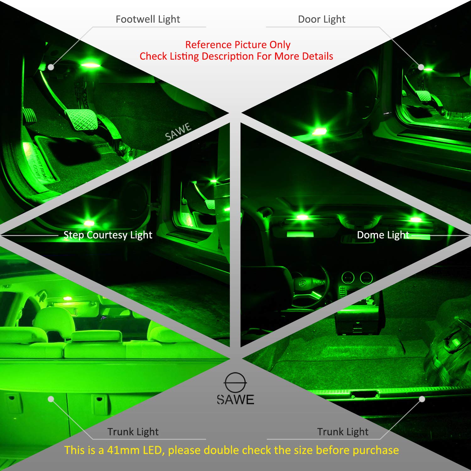 SAWE 6-SMD 5050 Festoon LED Bulbs for Dome Map Light, Pack of 4, 42mm, Green, Model 8542094786