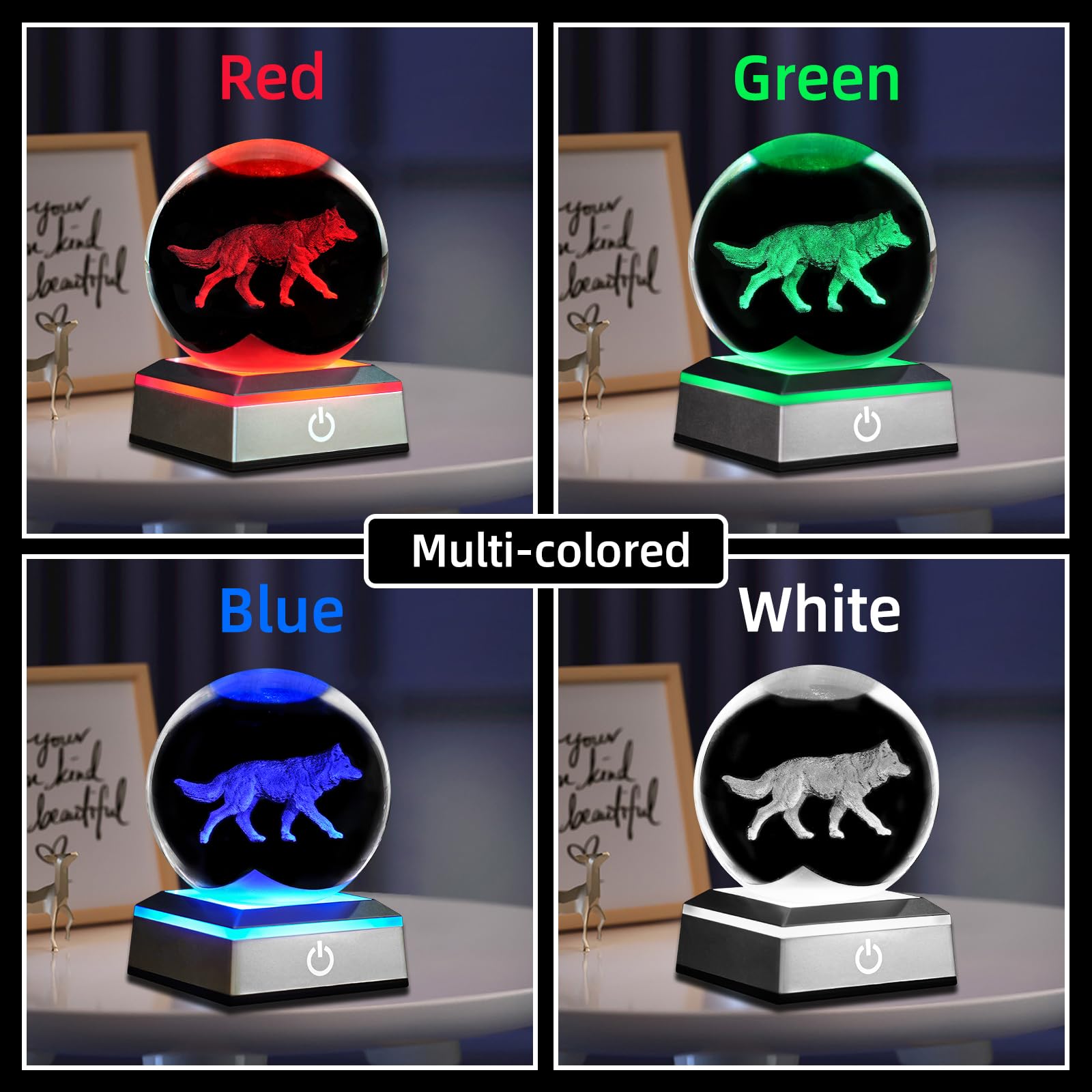 3D Wolf Crystal Ball Night Light 3.15 Inch Glass Ball Table Lamp With Color Changing Touch Base Decor Ideal Wolf Statue Decor Gi