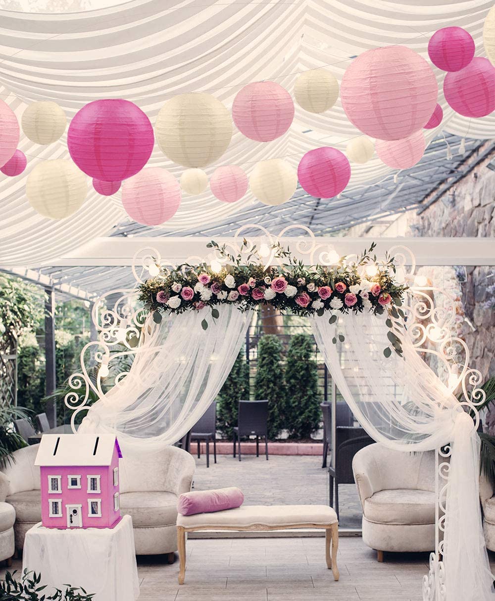 Famolay Pink Paper Lanterns 12 Pcs Assorted Size Of 6'' 8'' 10'' 12'' Chinese Round Paper Hanging Decorations Ball Lanterns Lamp