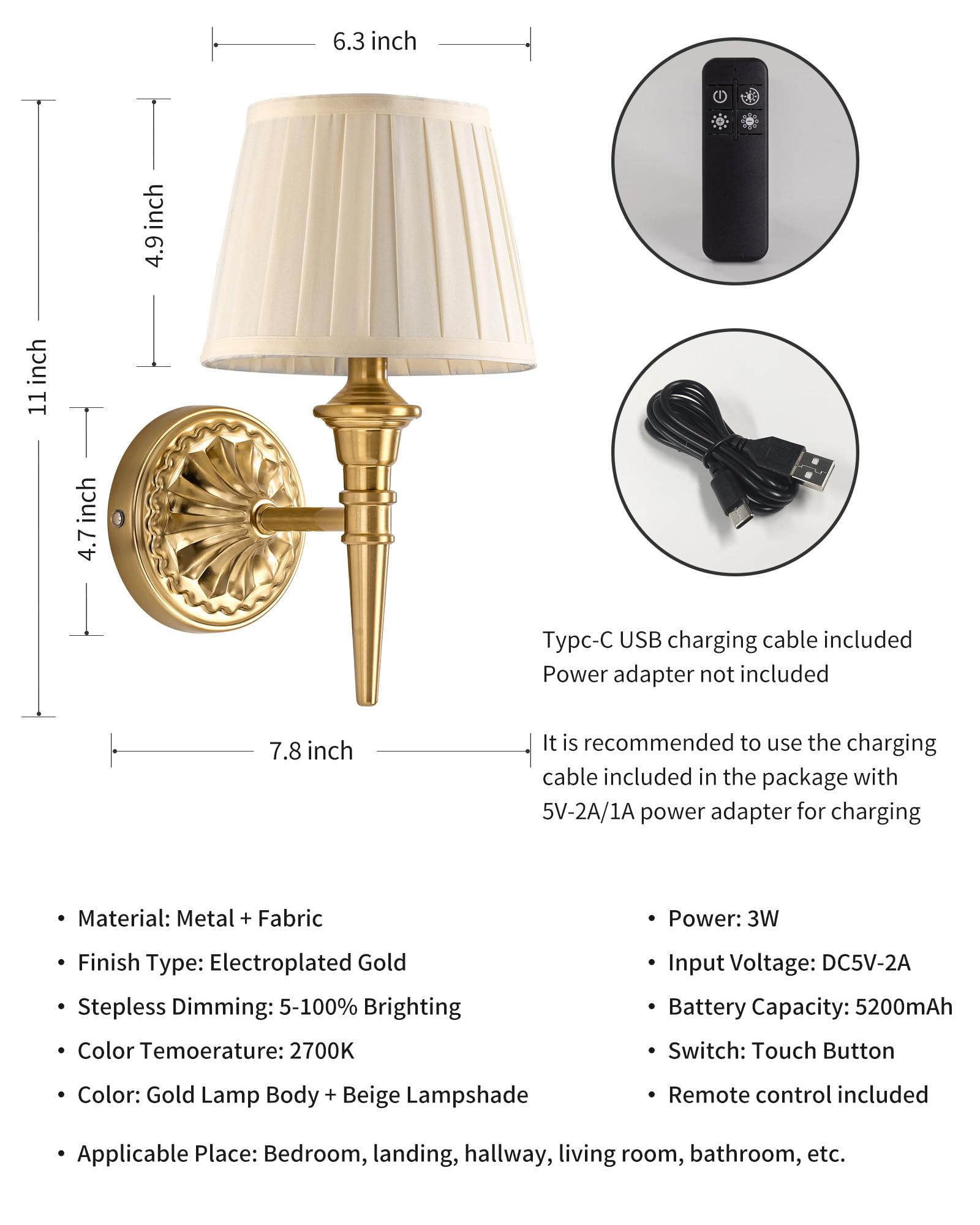 KDG Cordless Wall Sconces Set of 2, Rechargeable LED Lamps, Fabric, Gold + Beige, Model AMZ-TBL-035