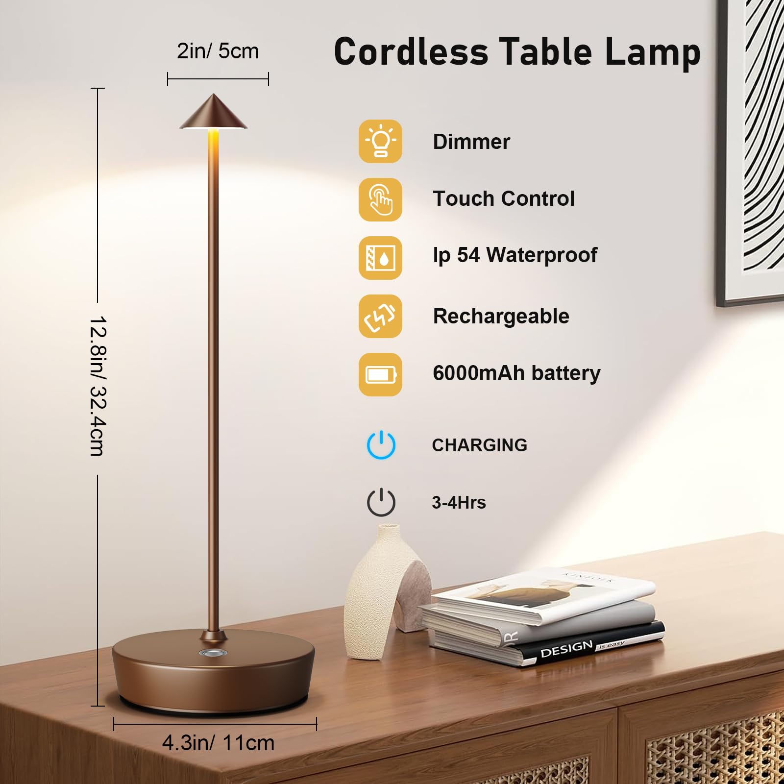 Tpczqj Rechargeable Cordless Table Lamp - 6000mAh LED, Touch Control, 3 Color Dimming, Portable, Waterproof, Coffee