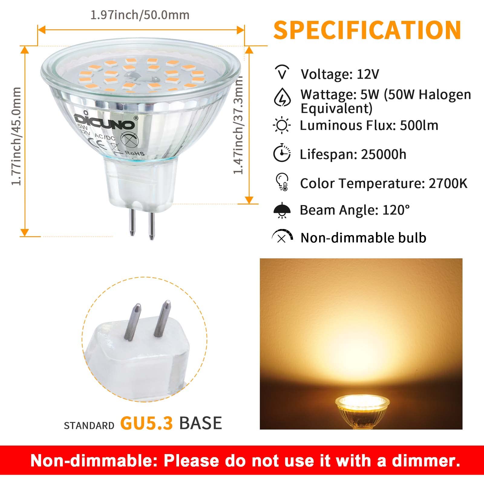 DiCUNO GU5.3 LED Bulb, 12V MR16 Spotlight, 500LM, 5W, Warm White 2700K, 6 Count, Glass