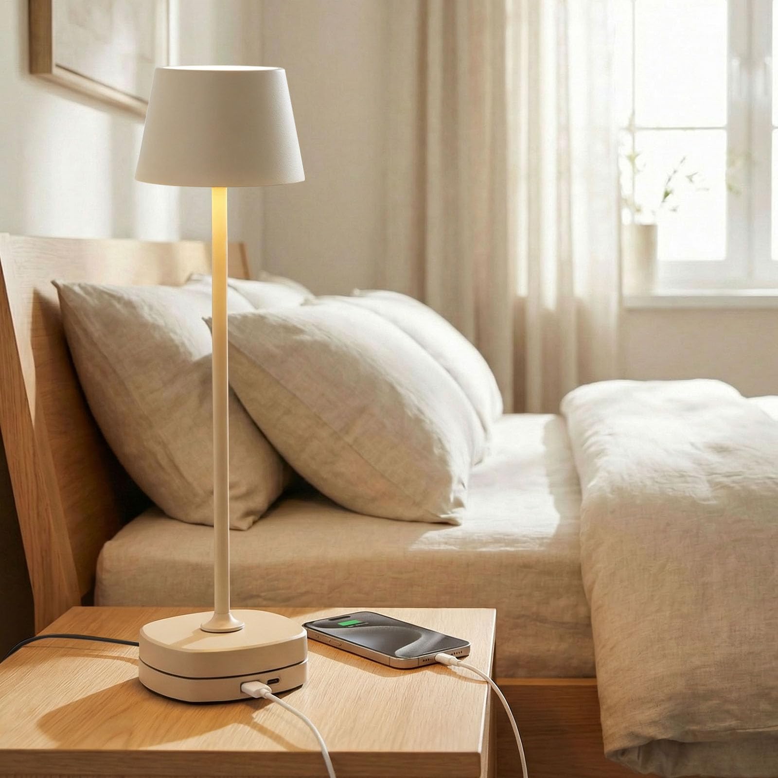 BHOTL Bedside Table Lamp for Bedroom - Stepless Dimmable Touch Lamp USB C Charging Ports and AC Outlet, Small Lamp Iron Base Rou