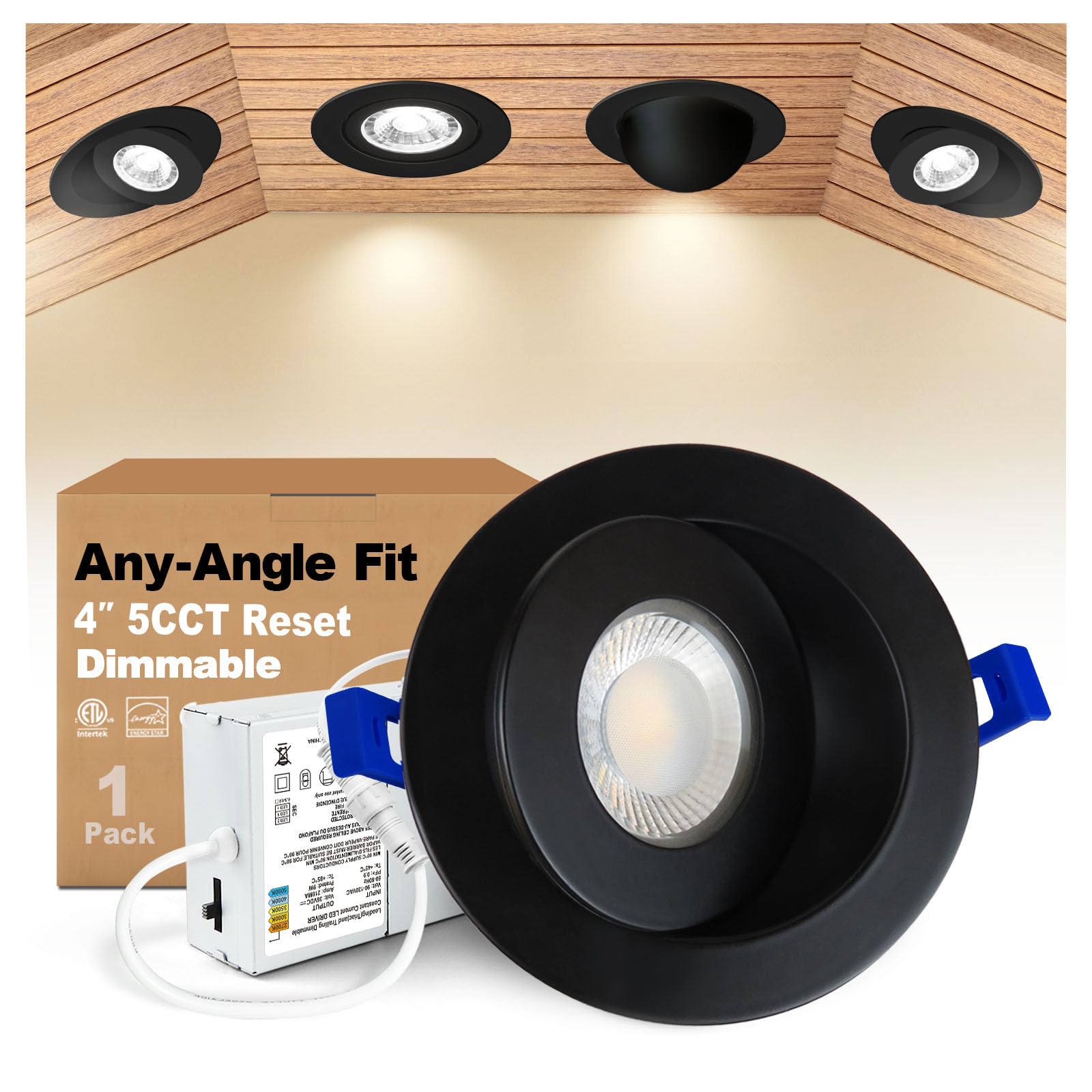 zouzai 1 Pack 4 inch Black 5CCT LED Gimbal Led Recessed Light with Junction Box, 360+90 Adjustable Directional Eyeball Lighting,