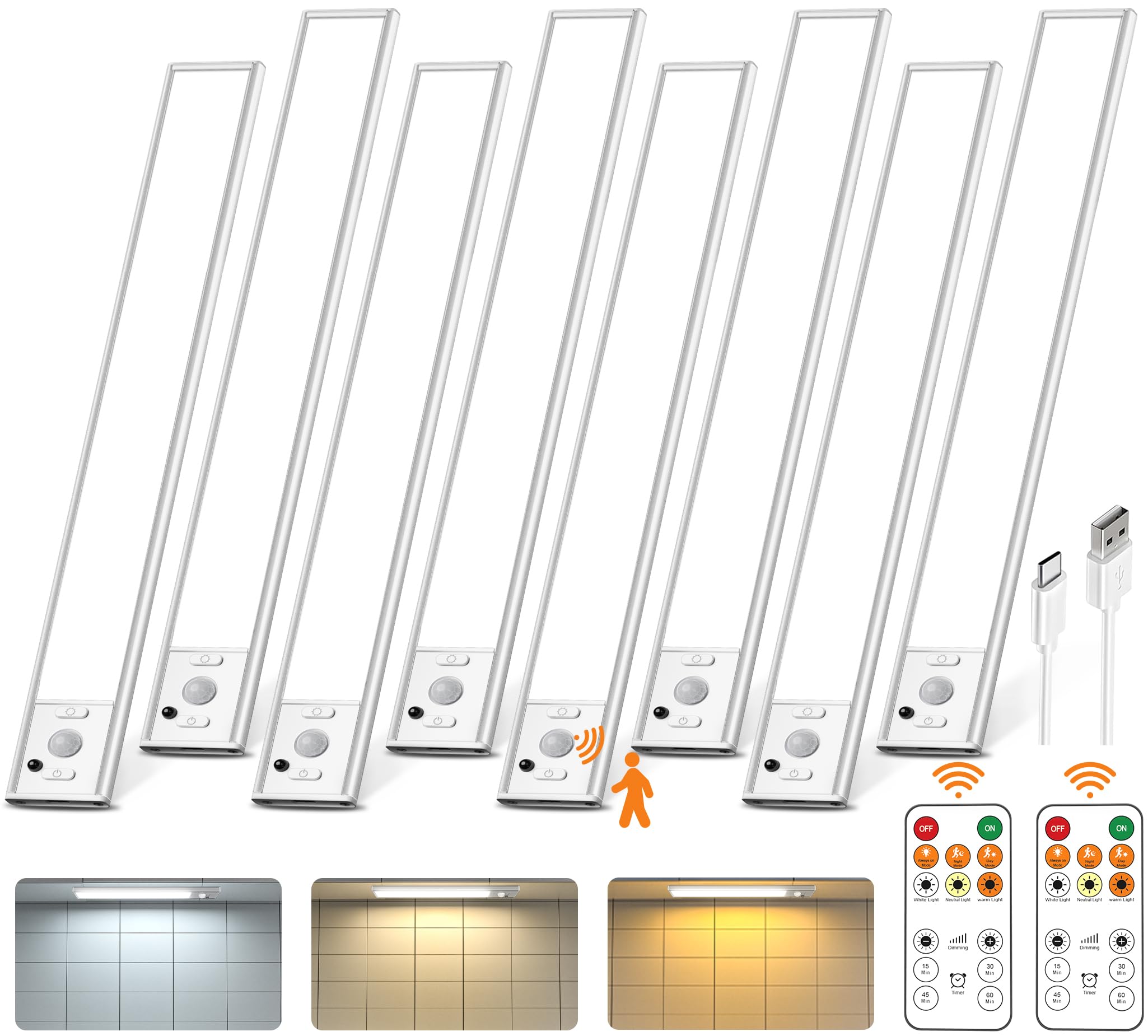 LENOMA Under Cabinet Lighting, 350 Lumen LED, 3 Color Temps, USB Rechargeable, 8 Pack, White, Model LTM-CGD-02