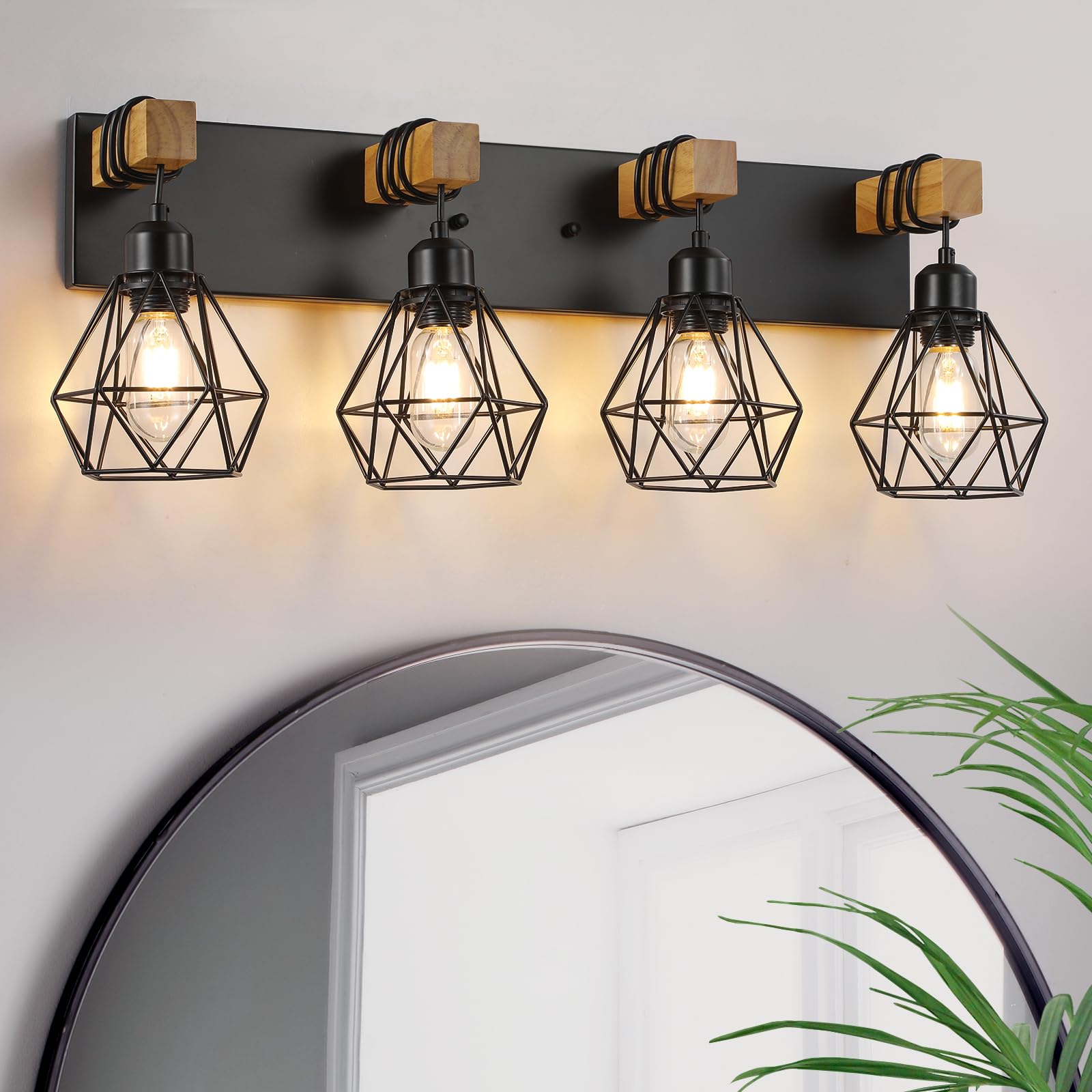 4 Light Farmhouse Vanity Light For Bathroom, Wood Bathroom Vanity Light Fixtures Over Mirror, Rustic Sconces Wall Lighting With