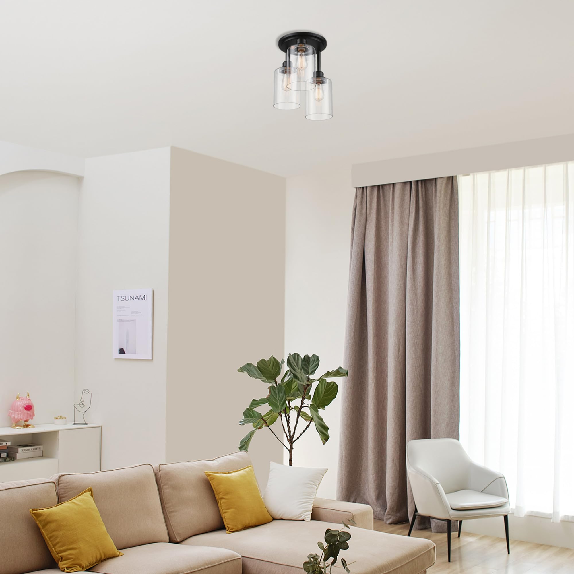 Globe Electric 65456 3-Light Flush Mount Ceiling Light, Metal, Matte Black, Clear Glass Shades