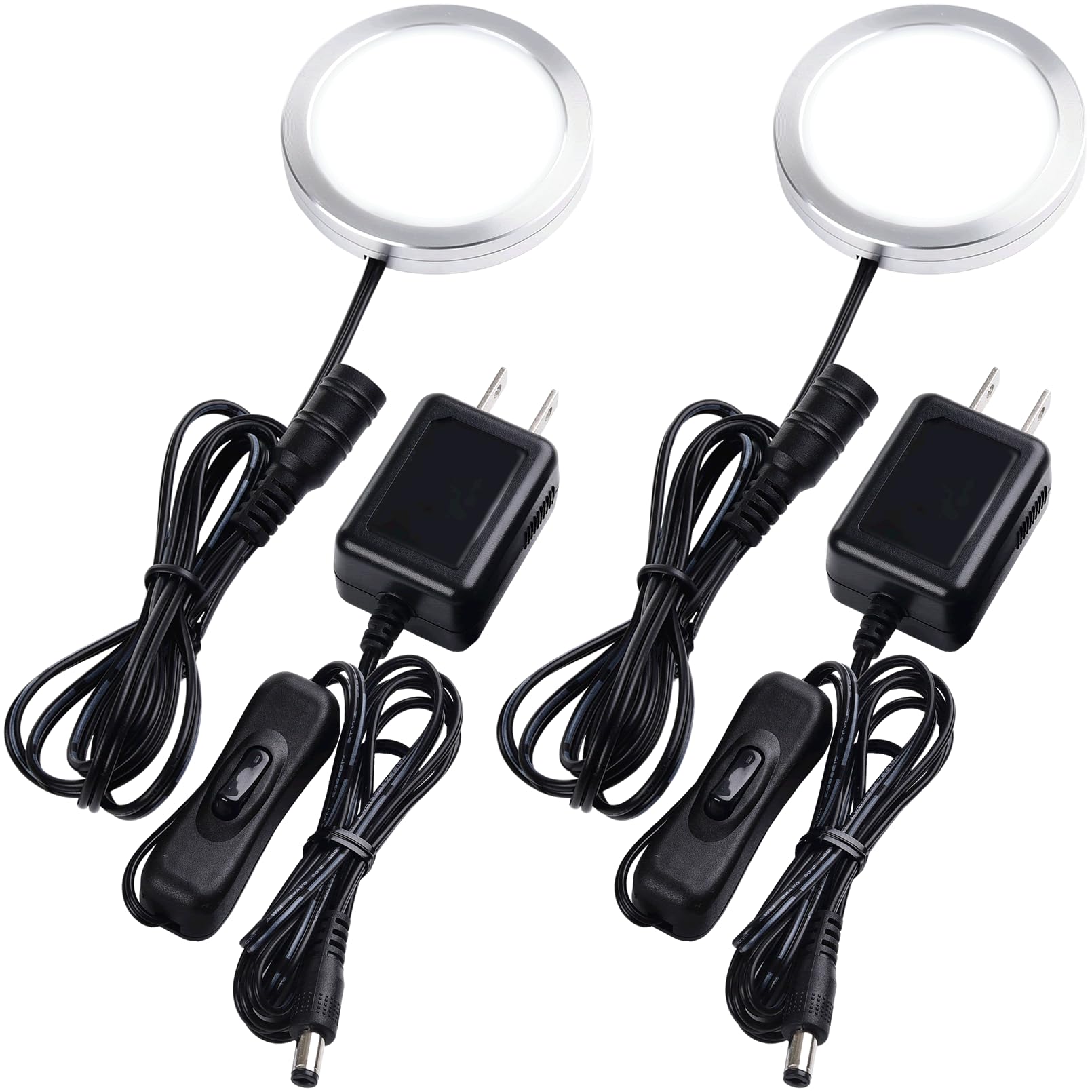 Lvyinyin LED Puck Light, 2 Packs, Daylight, 120V Wired, Aluminum, Model 013-02-CW, Under Cabinet Accent Lighting, Black Cords