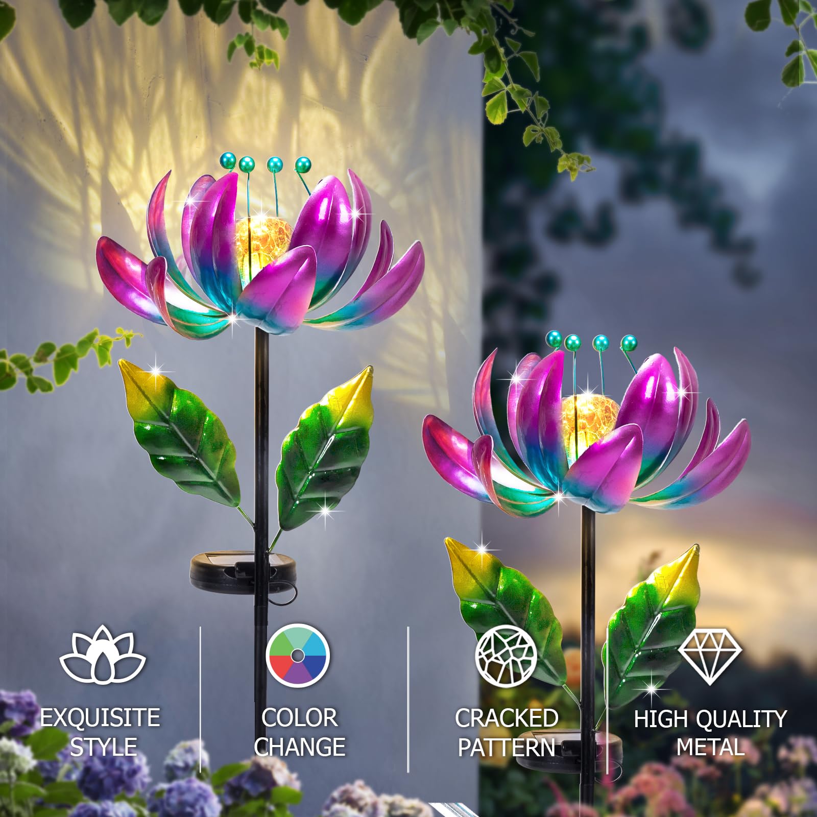 Huaxu Solar Outdoor Lights 35.4In Garden Decor Flower Wind Spinners,Waterproof Led Crackle Glass Globe Purple Lotus Art Metal St