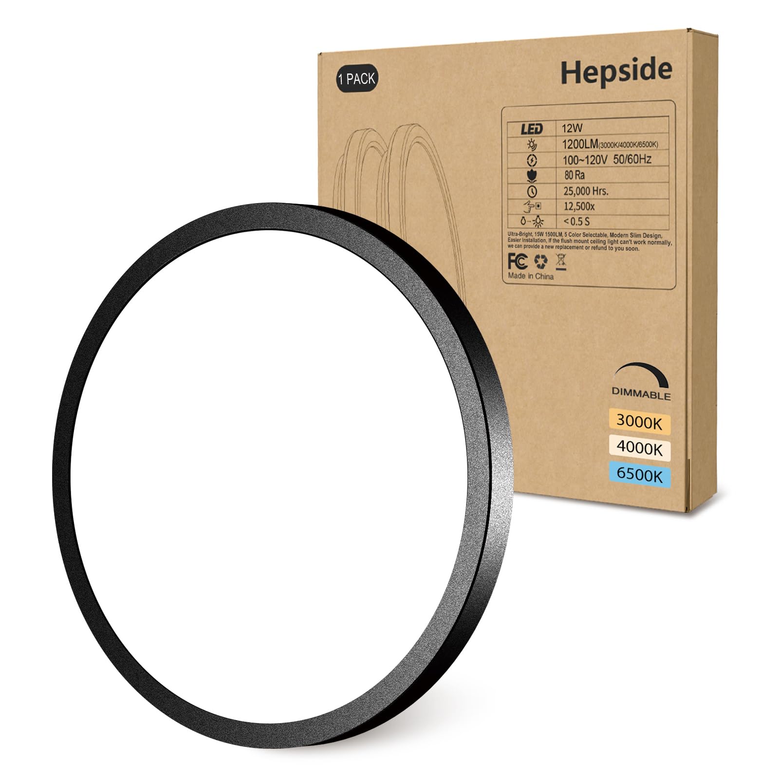 hepside 1PACK Flush Mount LED Ceiling Light Fixture - Black  6.5Inch 12Watt  Dimmable & 3 Color Selectable - 1200LM Low Profile Light for Kitchen  Bedroom  Hallway  Porch