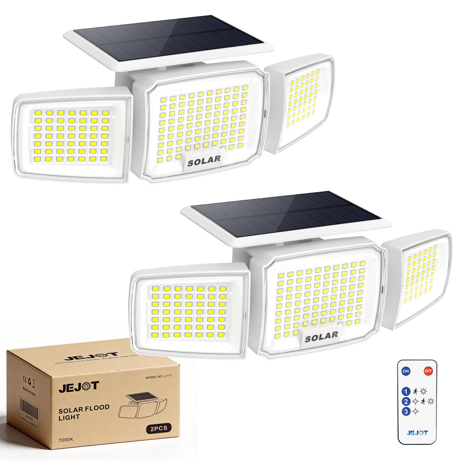 JEJOT White Solar Security Light Outdoor Super Bright LED  Motion Sensor Flood Light  3 Heads 270 Wide Angle  Remote Control  IP65 Waterproof  3 Modes (2 Packs)