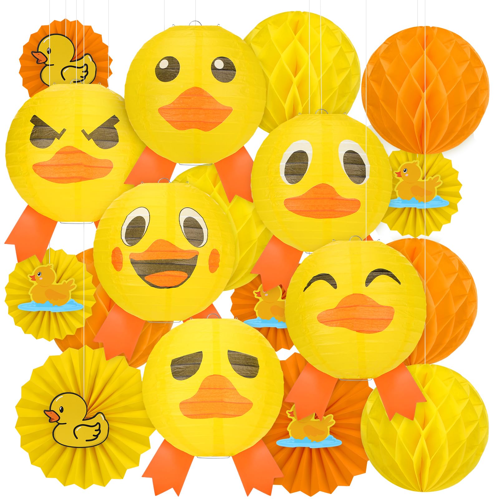 Retisee 18 Pcs Rubber Duck Party Decoration Yellow Duck Hanging Paper Lantern Honeycomb Fans Honeycomb Ball for Themed Birthday 