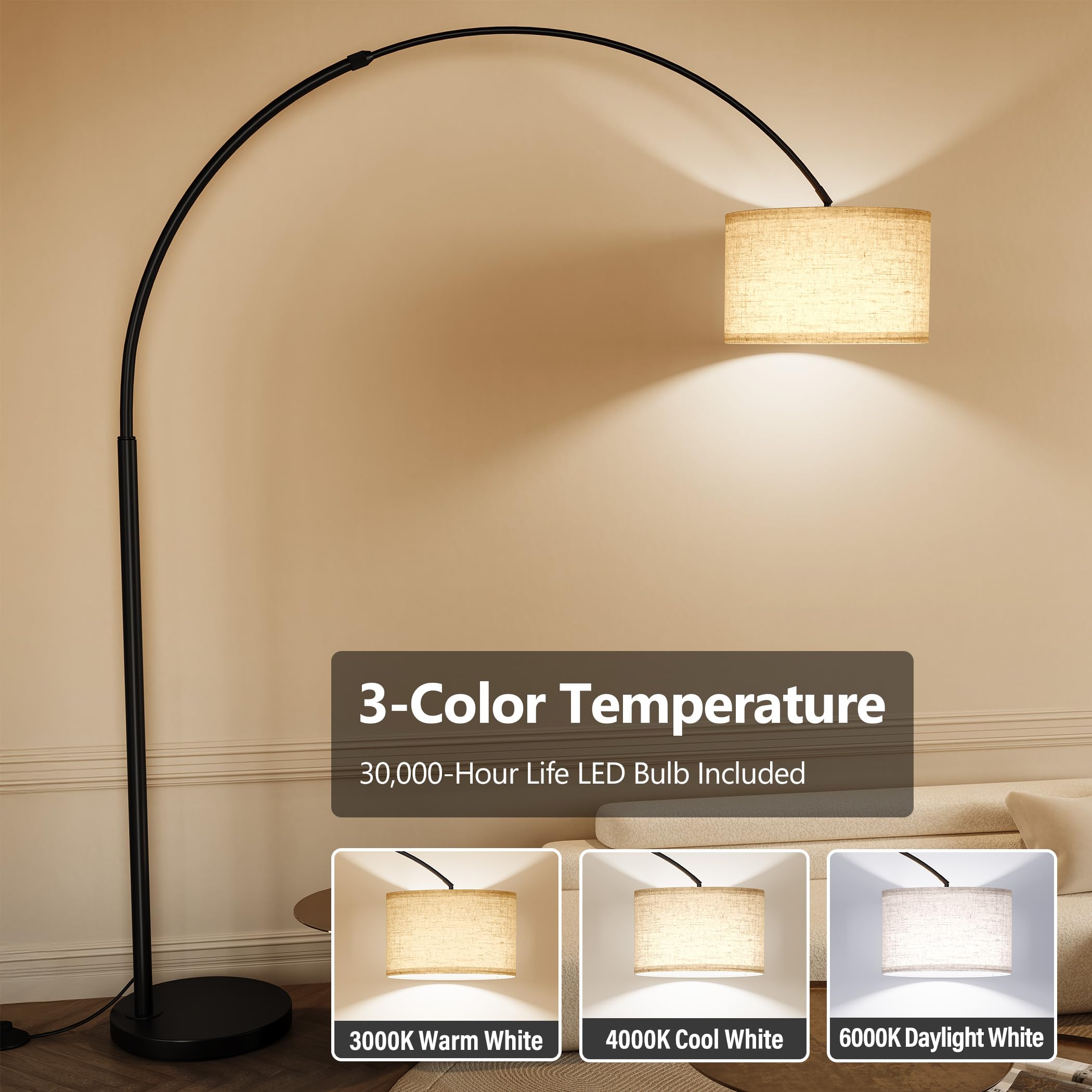 SUNMORY 82" Tall Arc Floor Lamp, Large Adjustable Modern Curved Light, Black Metal for Living Room & Office