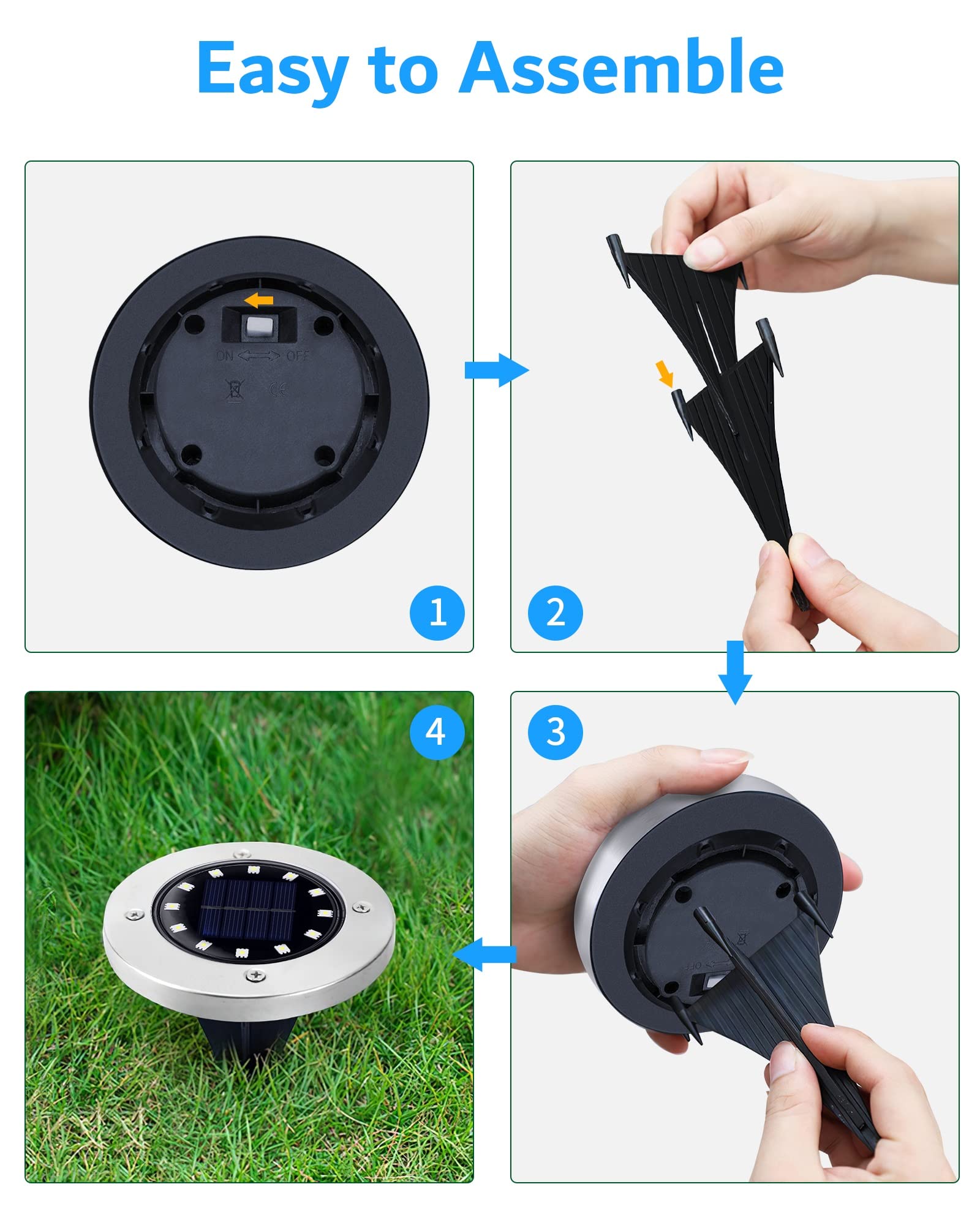 Biling Solar Ground Lights, 12 Pack, Waterproof Flat Pathway Lights, 12 LEDs, White, Stainless Steel