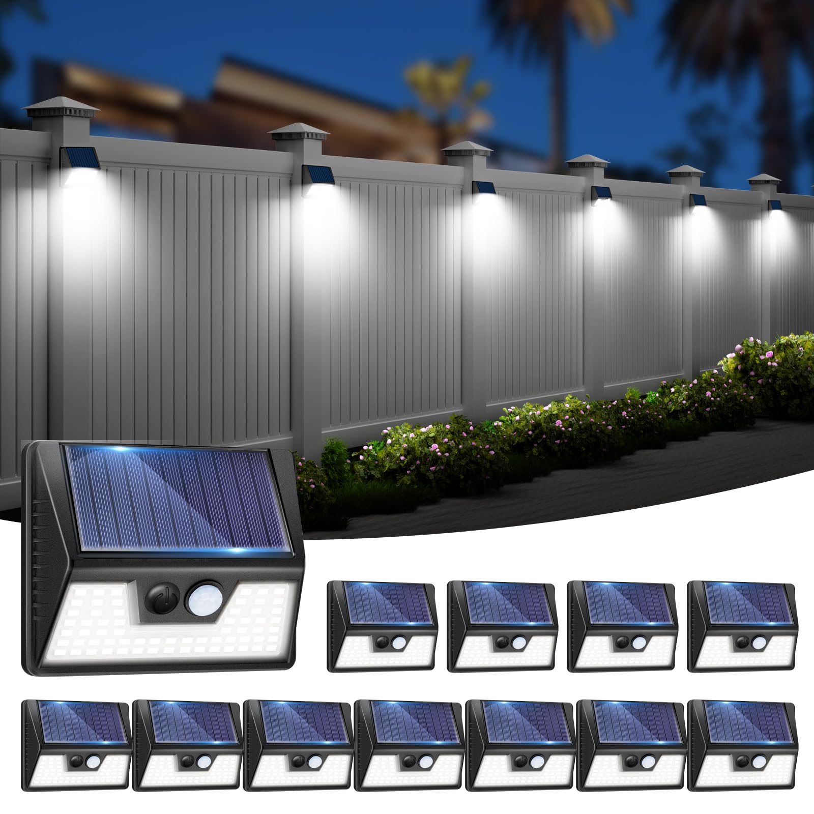 vighep 12 Pack Solar Fence Lights, Waterproof Motion Sensor Deck Lights, Cold White LED, Black, Model YHM03A