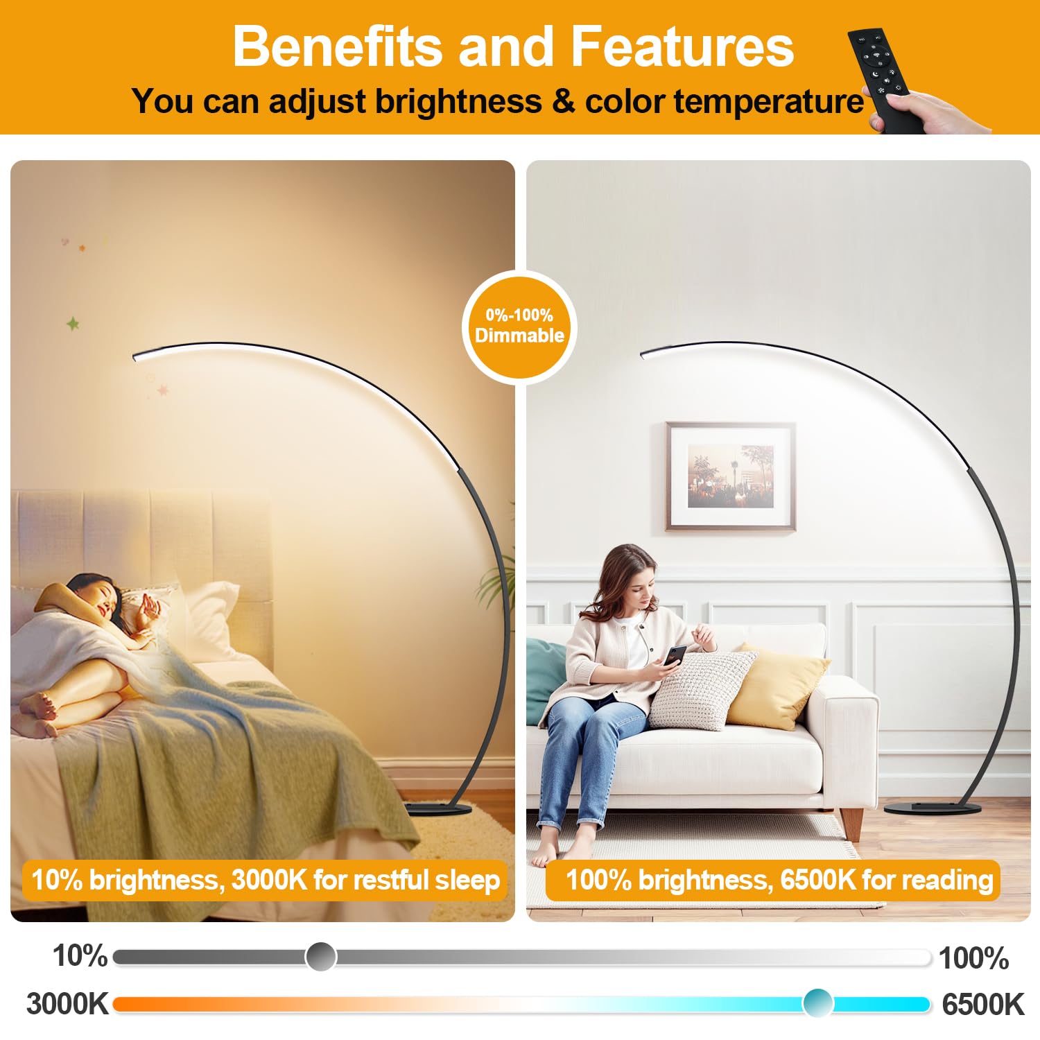 Dimmable Led Floor Lamp With 3 Color Temperatures, Ultra Bright 2000Lm Arc Floor Lamps For Living Room, Modern Standing Tall Lam