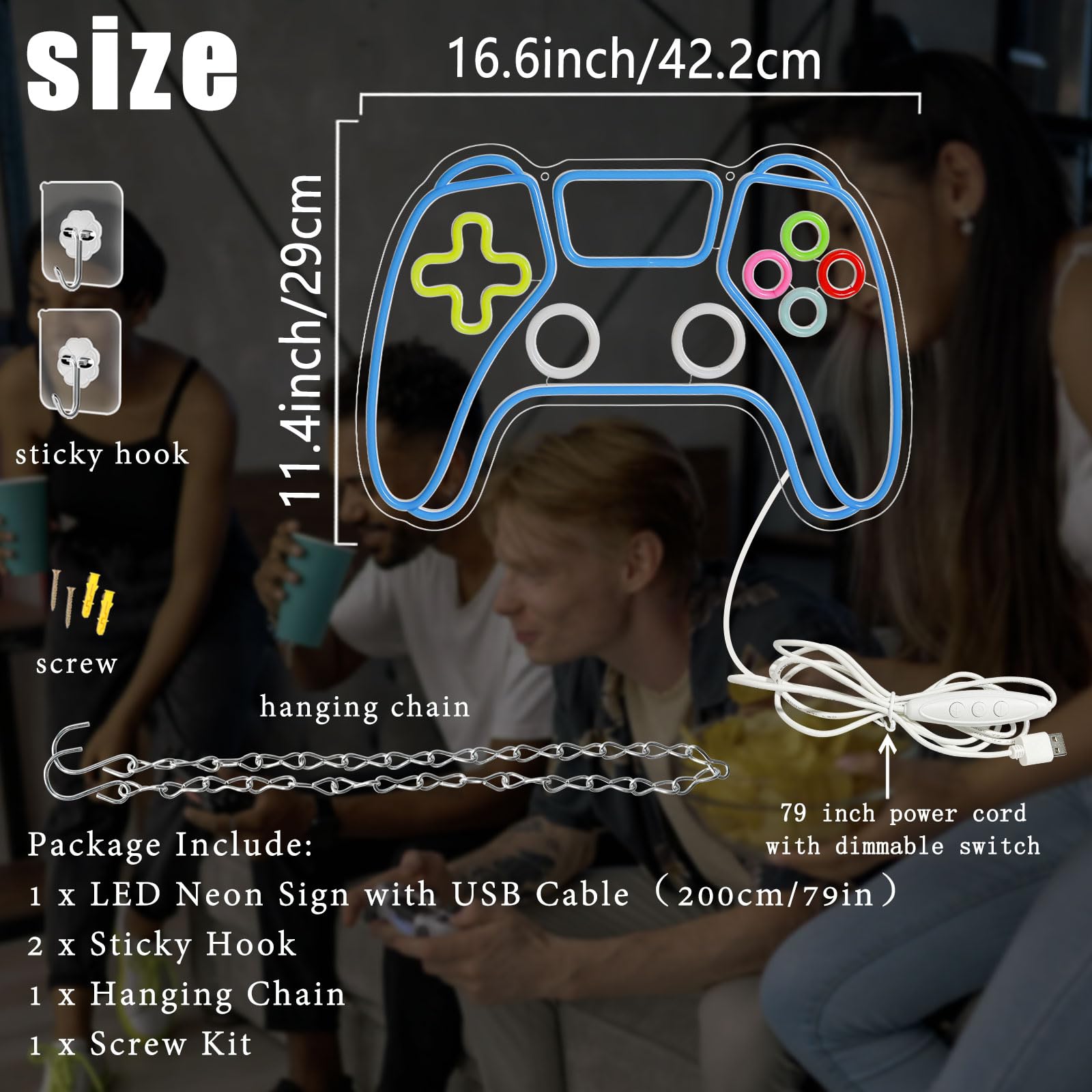 BerniceKelly Gamer Neon Sign Light, Dimmable LED Game Controller Decor, 16.5inx11.4in, Blue-Game, Model A