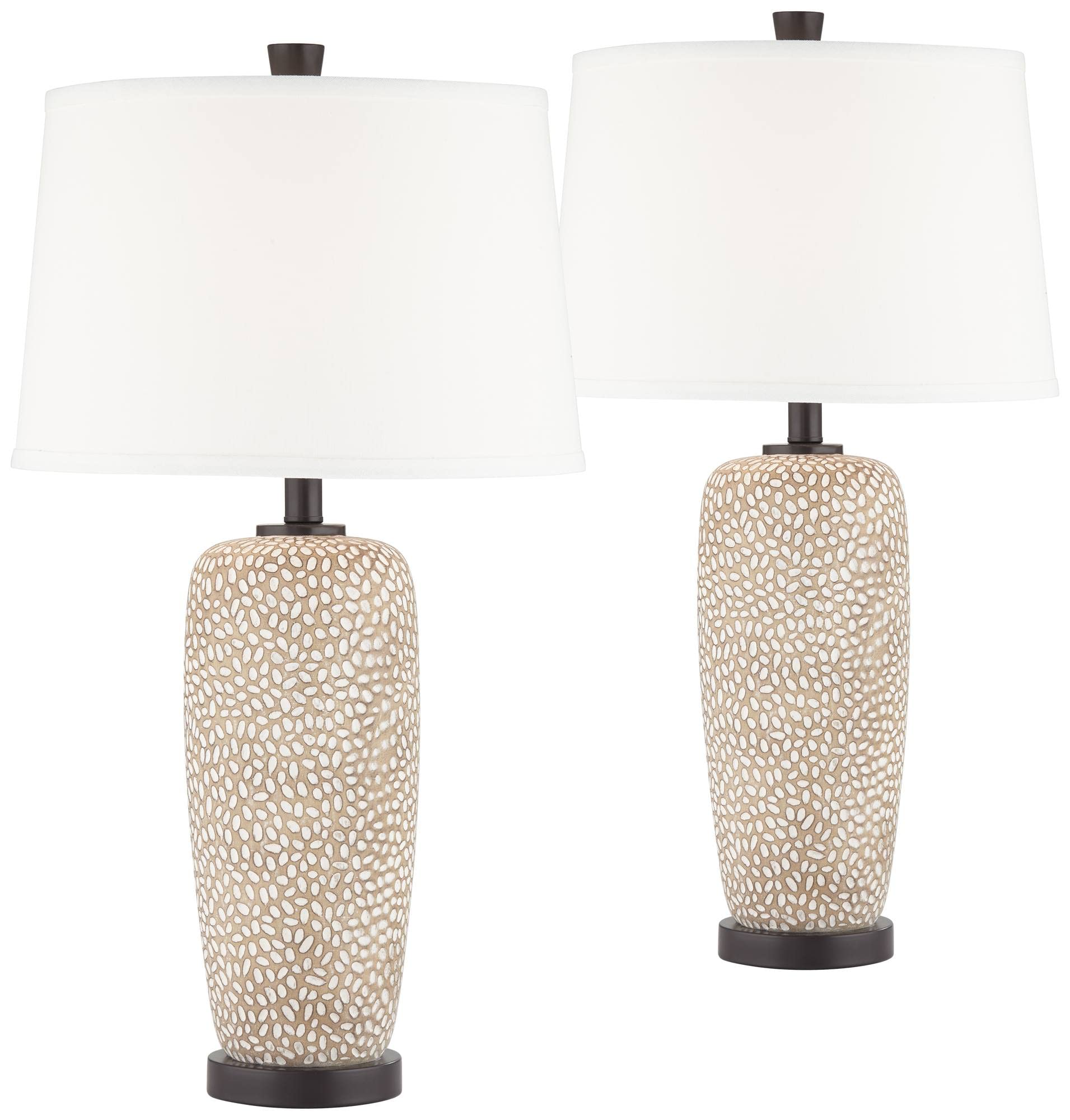 360 Lighting Modern Coastal Table Lamps Set of 2, 27.25" Tall, Beige Pebbled Fabric with White Shade for Living Room, Bedroom, Office