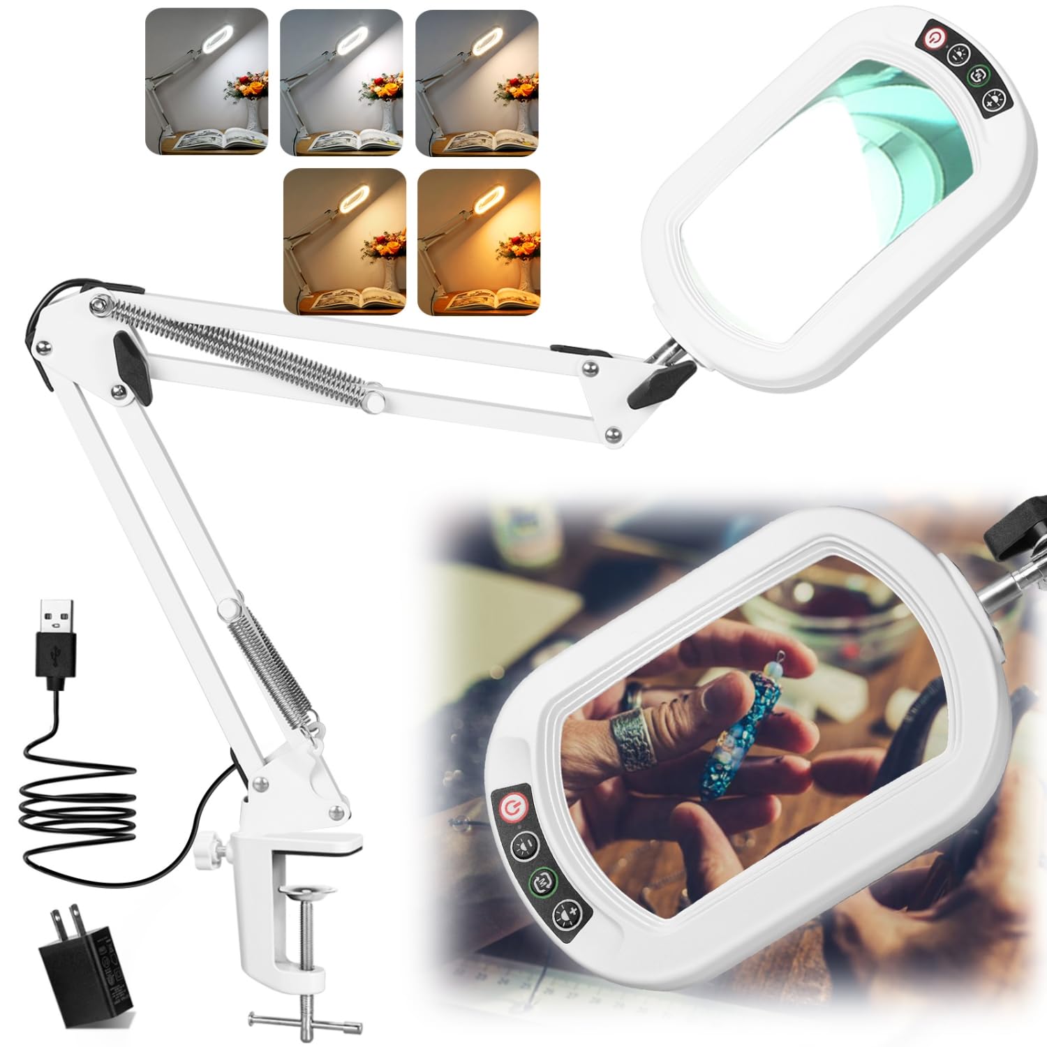 IVMAIE 10X Magnifying Glass with Light, Stepless Dimmable, Clamp Desk Lamp, Metal, White, Model JZ602