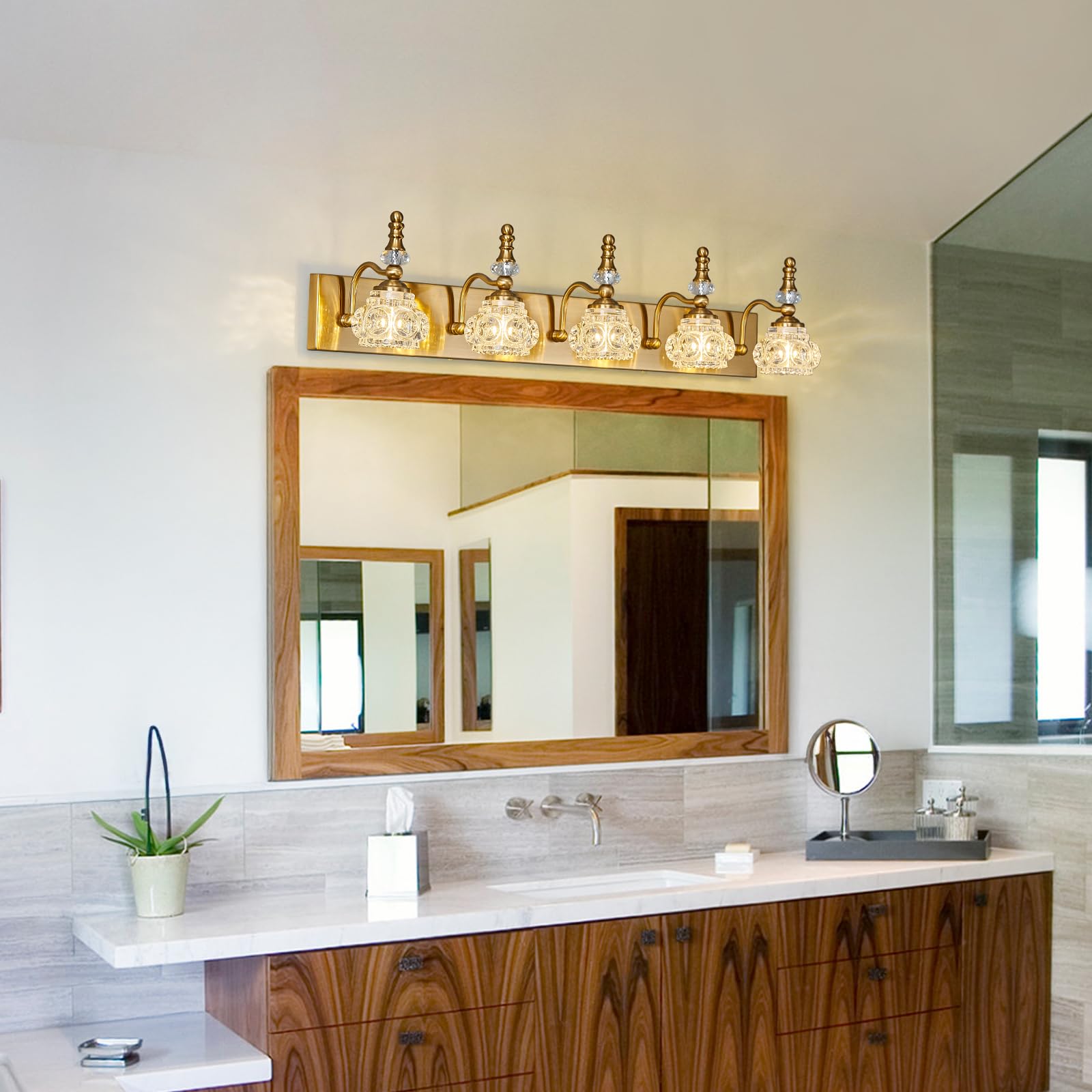 Lbsqj Modern Glass Crystal Vanity Light - Vintage Bathroom Lighting Fixtures Over Mirror  5 Light Vanity Lights G9 Bulb (35.43 Inch  Gold)