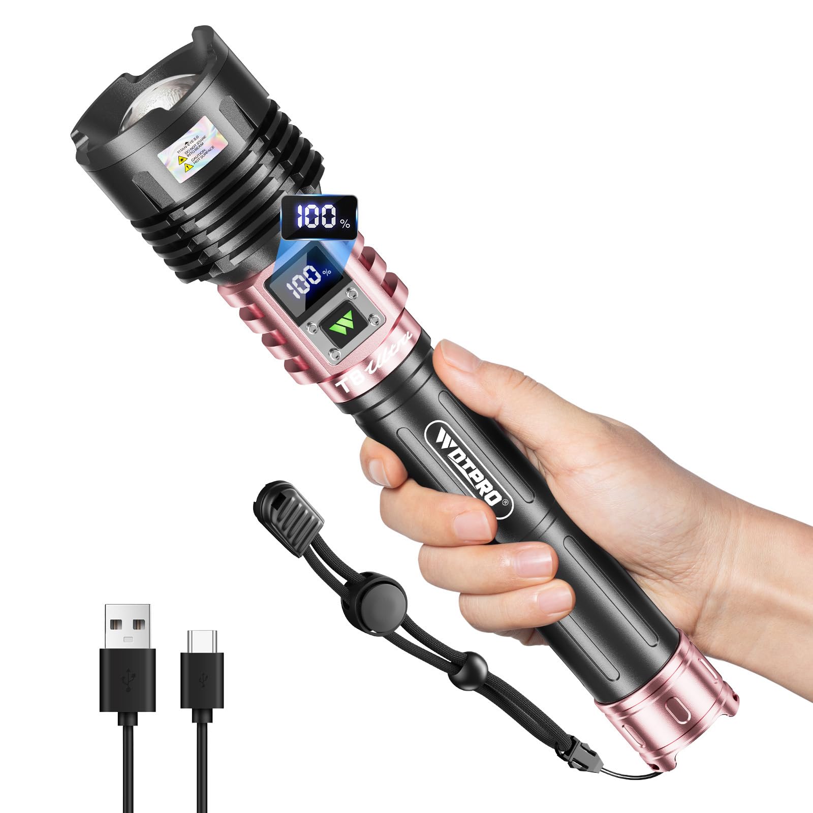 WdtPro Rechargeable LED Flashlights High Lumens  Super Bright 90000LM Rechargeable Flashlight with LCD Display  5 Modes & Waterproof Powerful 10000mAh Handheld Flashlight for Camping Emergency Pink
