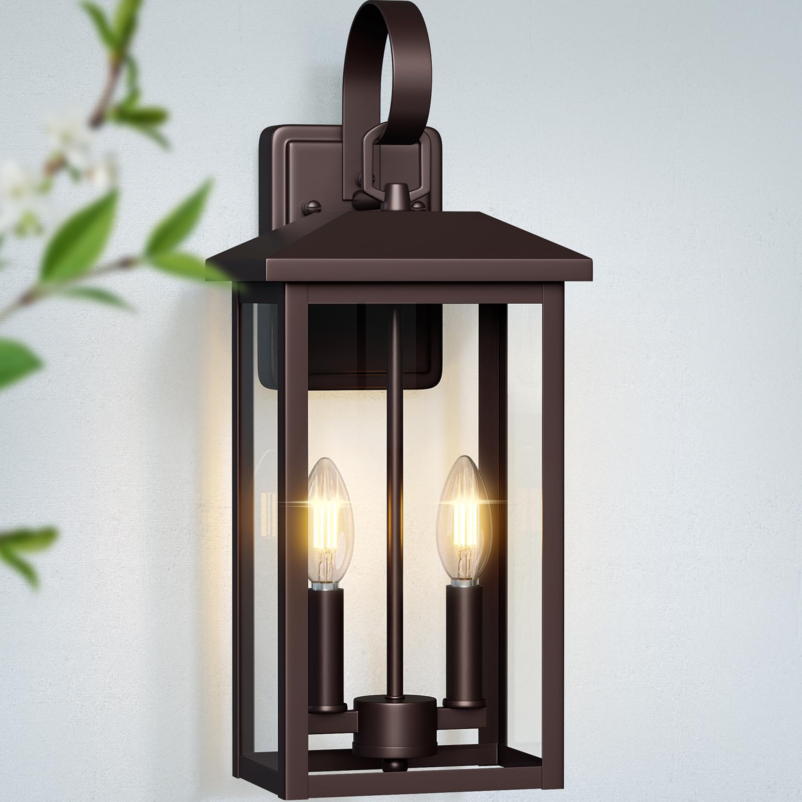 Bronze Large Porch Lights Outdoor, 18" Exterior Wall Fixture With Clear Glass, 2-Light E12 Socket Base, Aluminum Outside Waterproof Wall Light Sconce For House, Porch, Patio, Garage